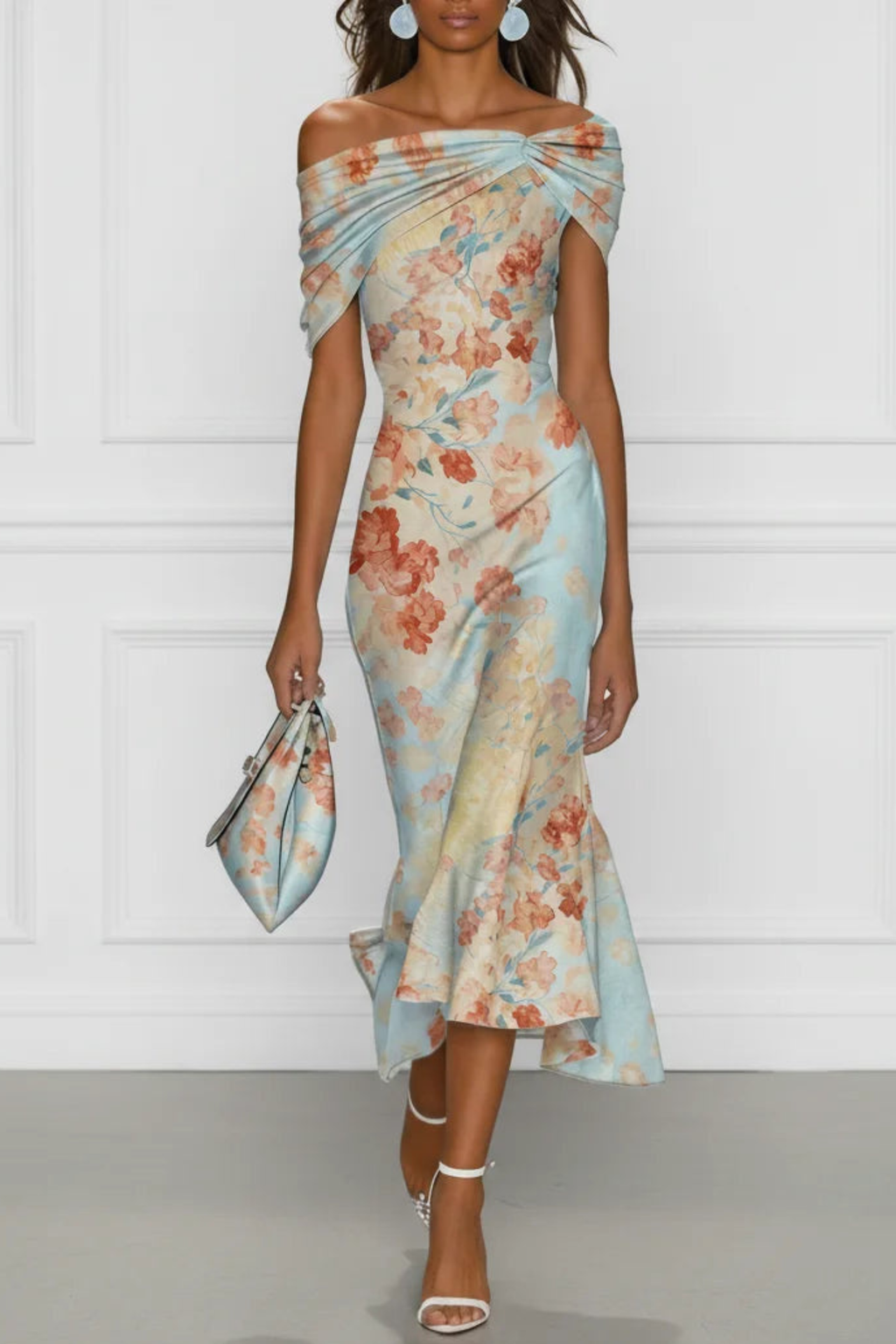 Blue Floral One Shoulder Mermaid Midi Dress