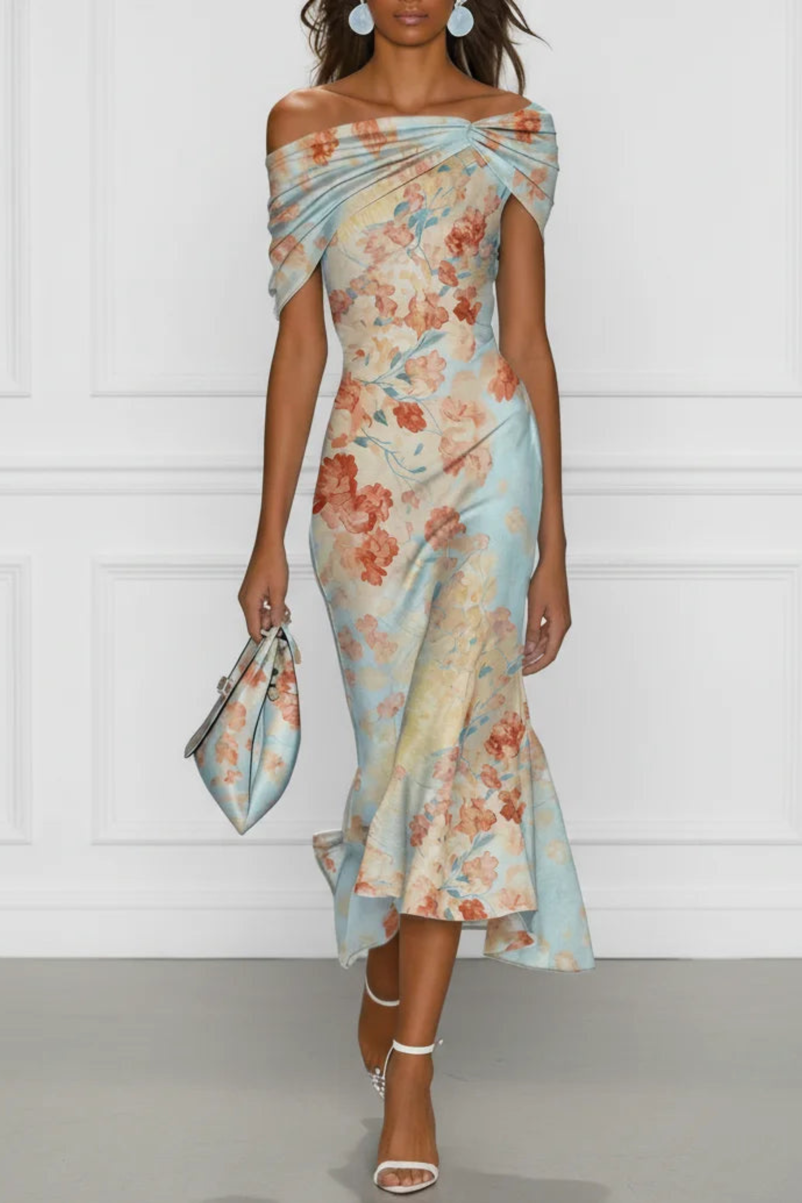 Blue Floral One Shoulder Mermaid Midi Dress