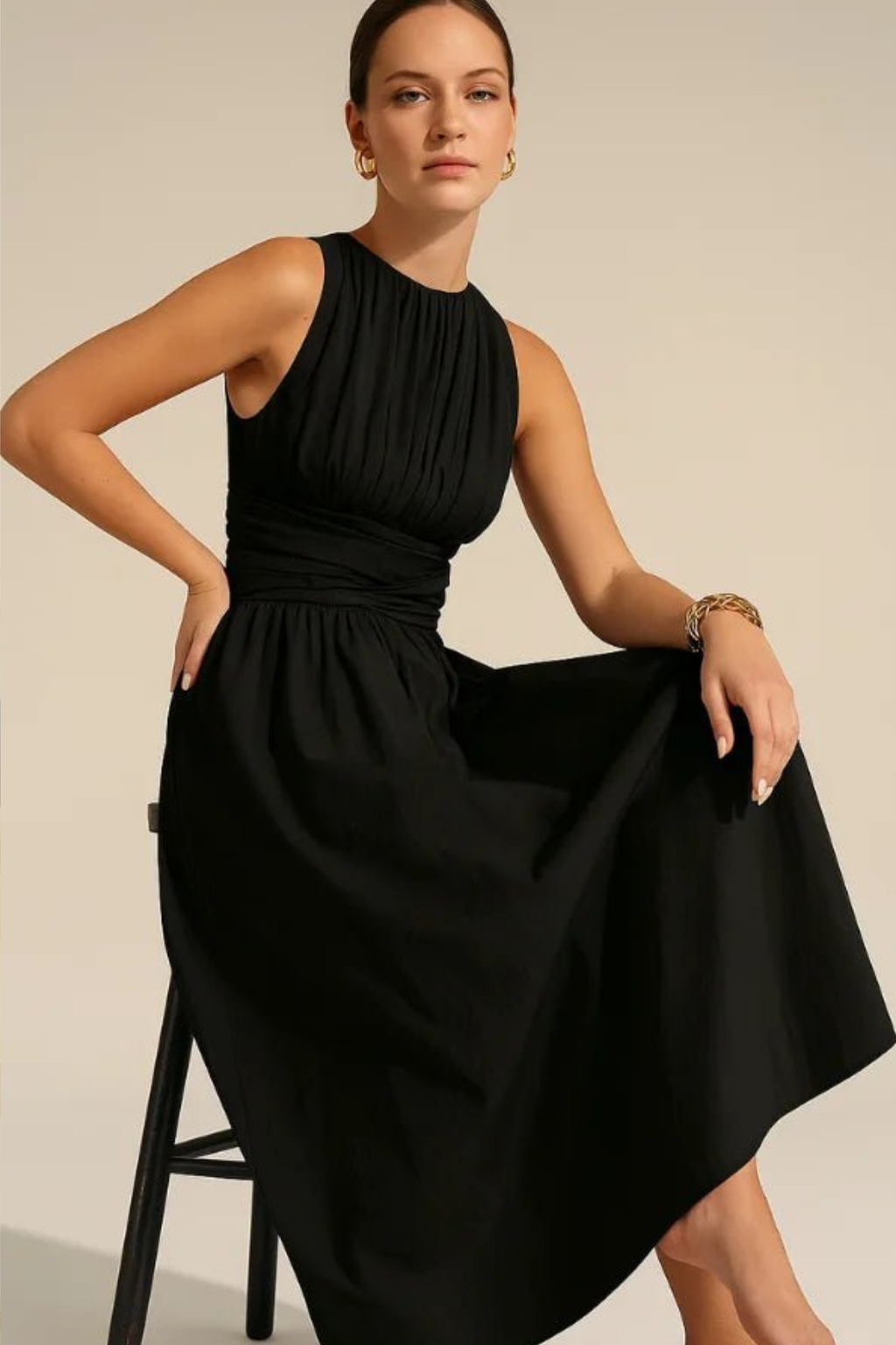 Elodie Ruched Waist Sleeveless Midi Dress