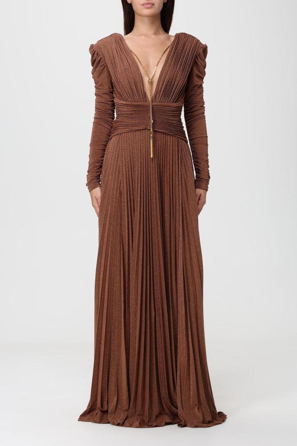 Pleated Puff Sleeve V Neck Maxi Dress