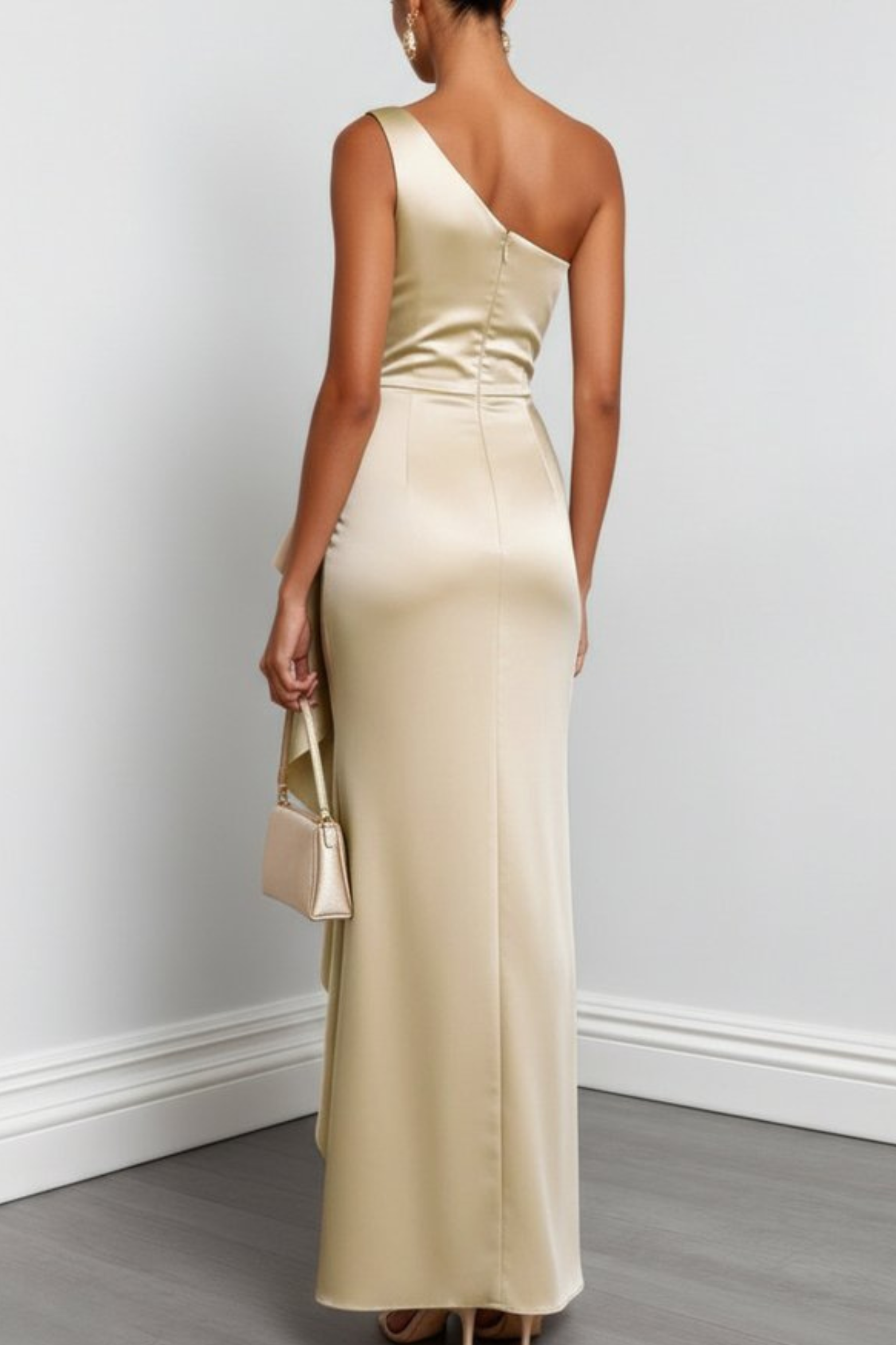 One Shoulder Ruched Satin Maxi Dress with Ruffle Detail