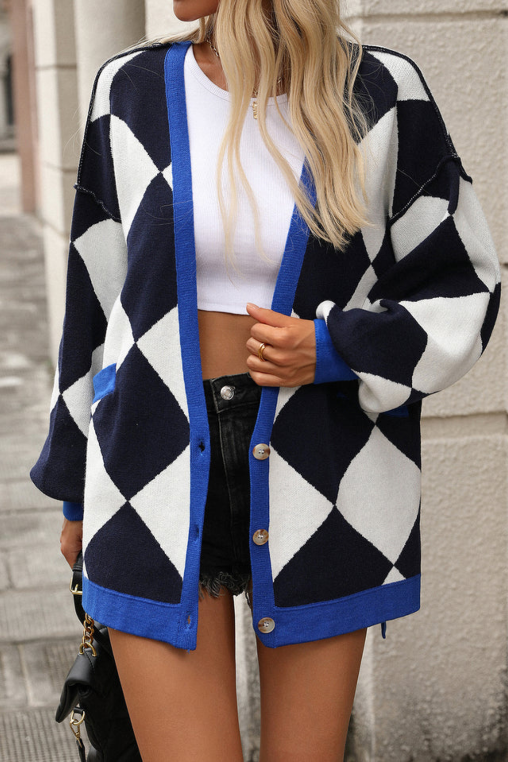 Women's Knit Diamond Check Cardigan