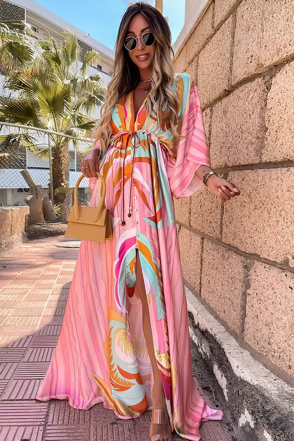 Abstract Print V Neck Maxi Dress with Kimono Sleeves and Side Split