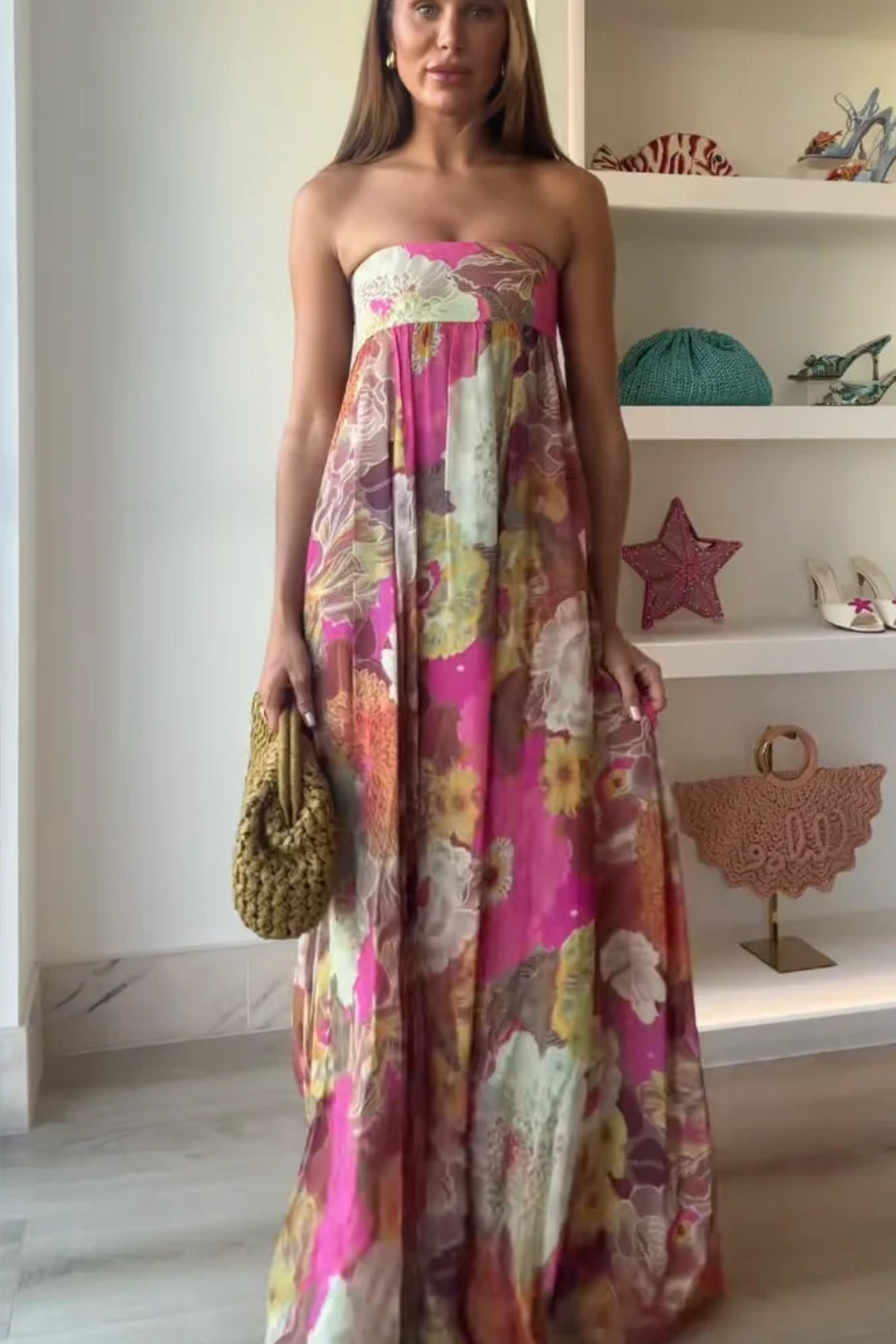 Romantic Floral Strapless Wedding Guest Maxi Dress