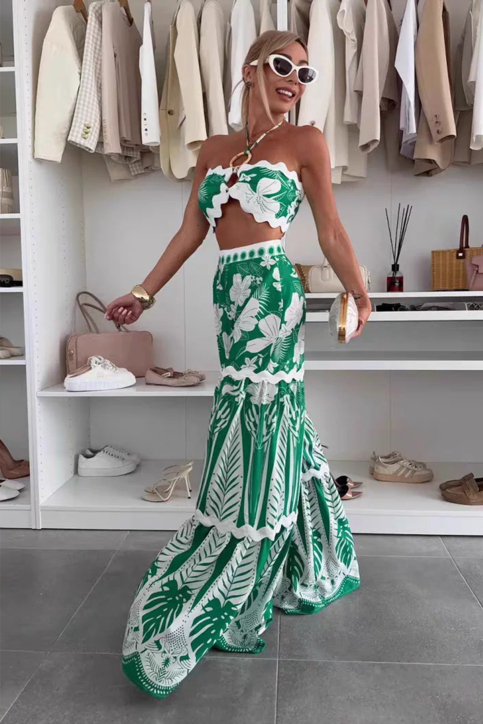 Printed Halter Ring Top and Wide Leg Pants Co Ord Set with Ric Rac Trim