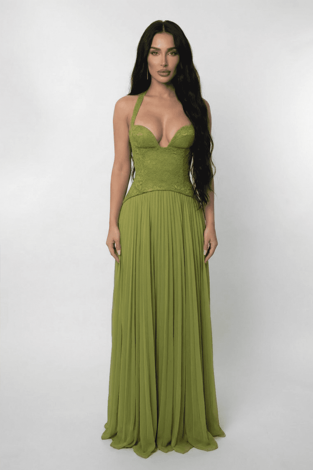 Lace Halter Pleated Maxi Dress