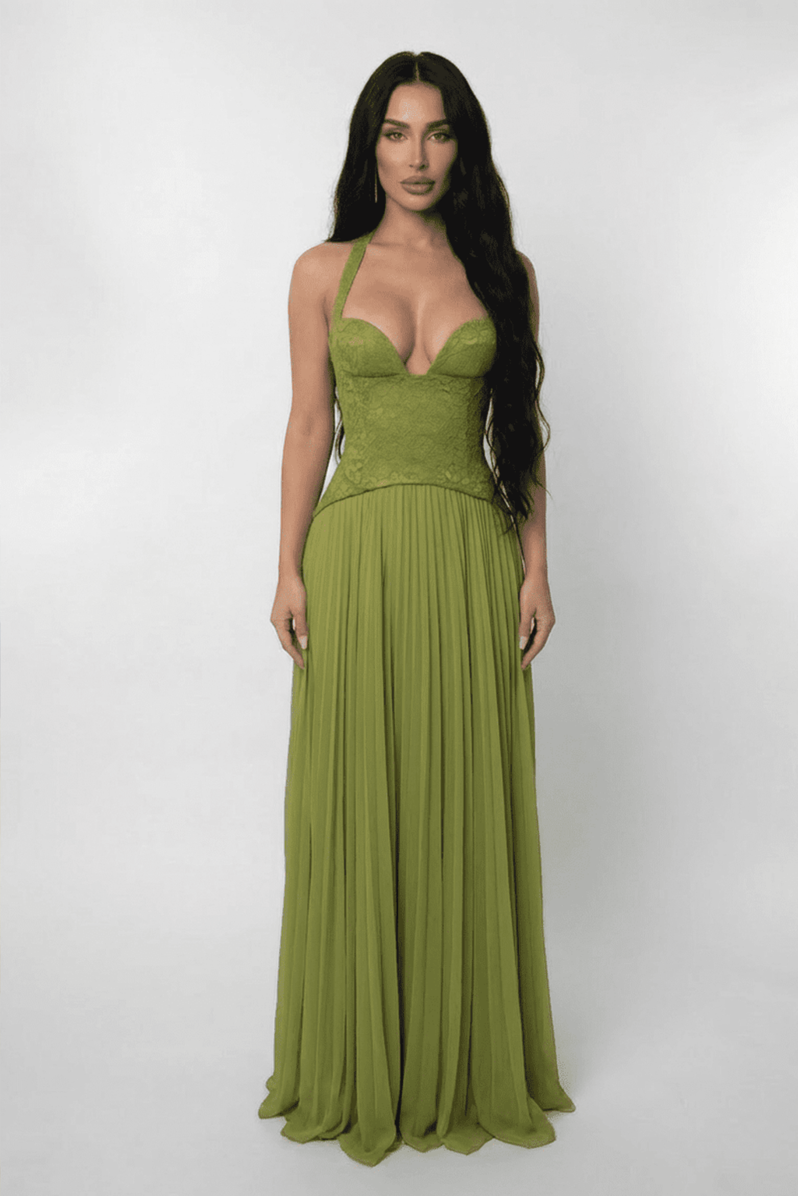 Lace Halter Pleated Maxi Dress