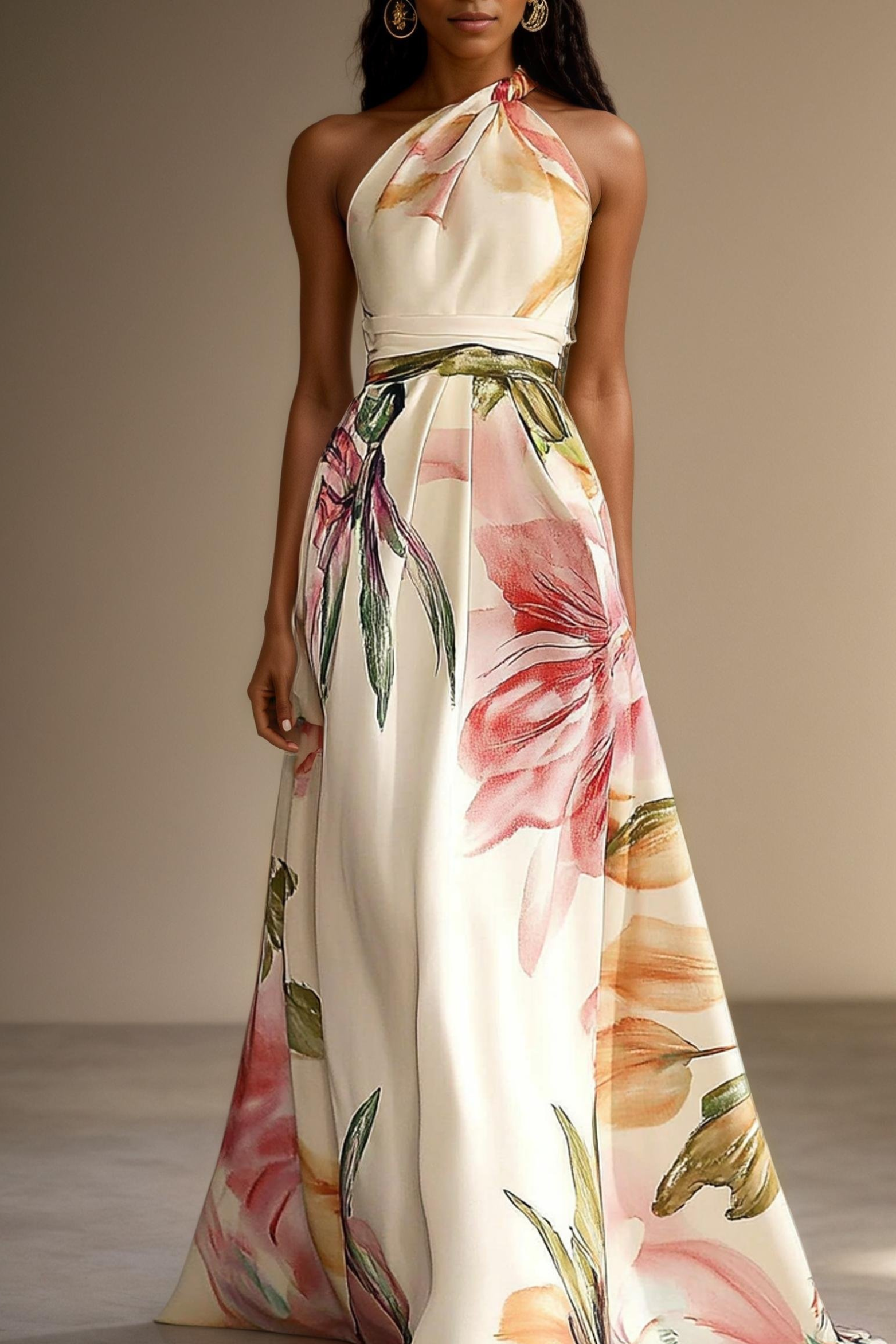 Pink Floral Satin One Shoulder Maxi Dress
