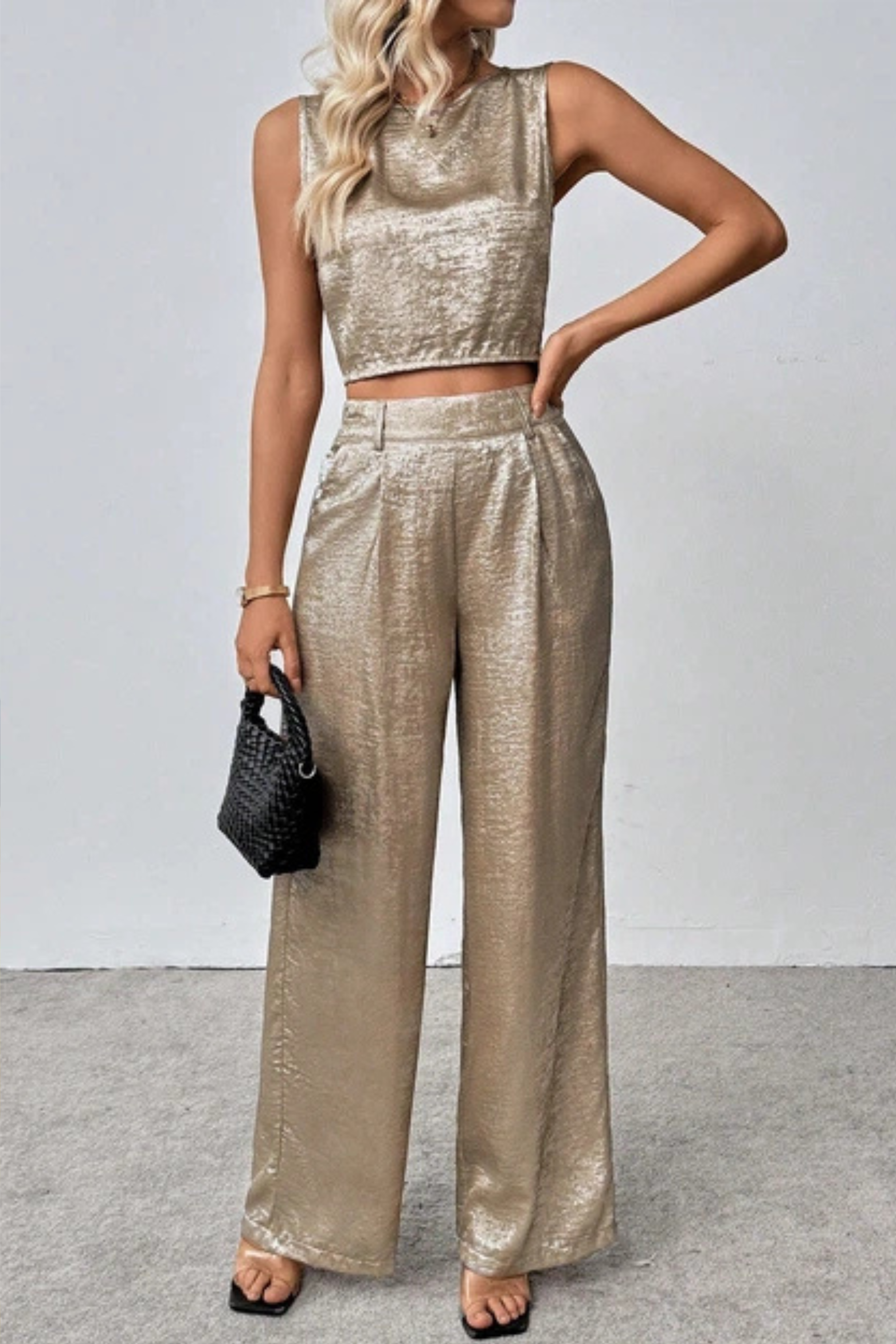 Metallic Crop Tank and Wide Leg Pants Co Ord Set
