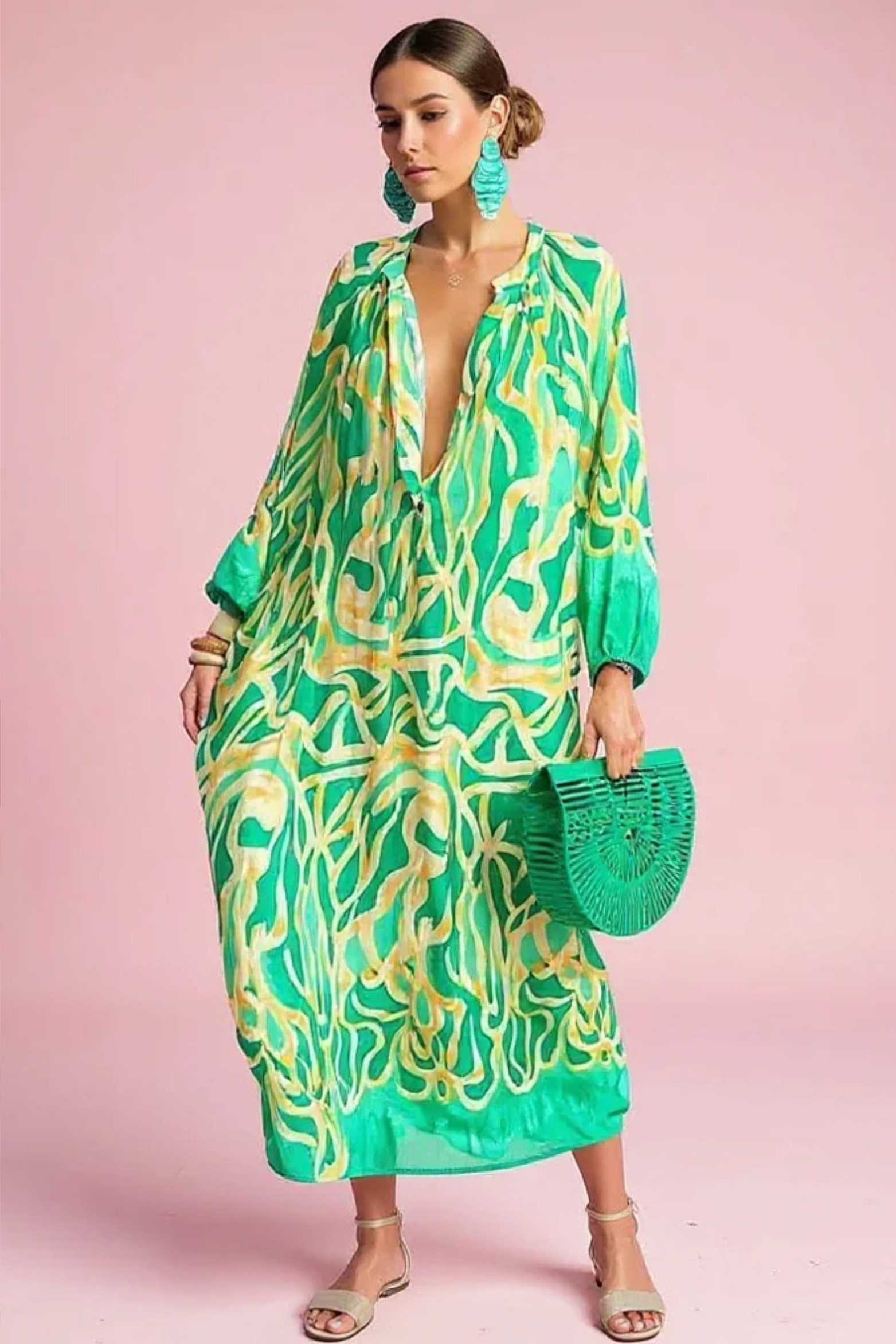 Abstract Print V Neck Kaftan Maxi Dress