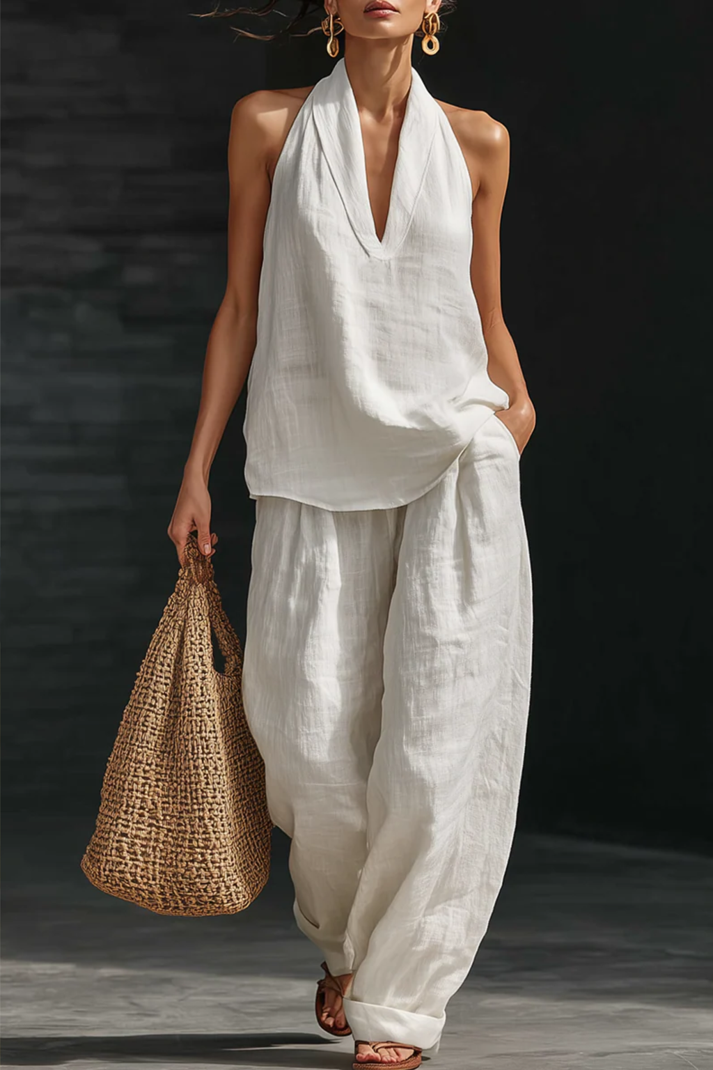 V Neck Sleeveless Linen Pants Set