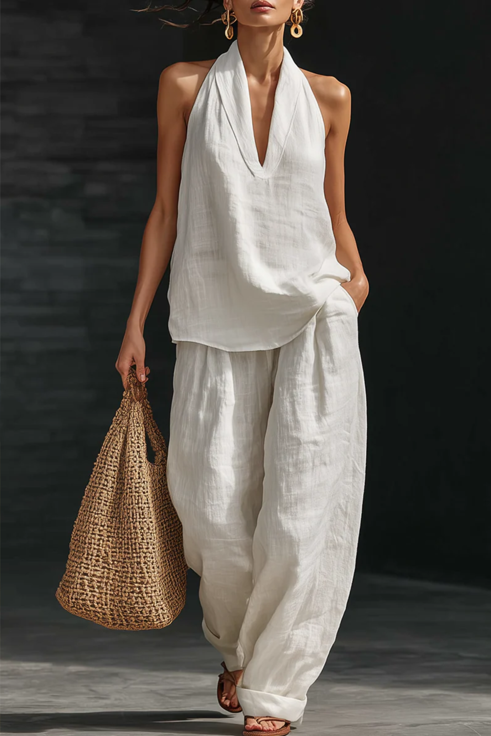 V Neck Sleeveless Linen Pants Set