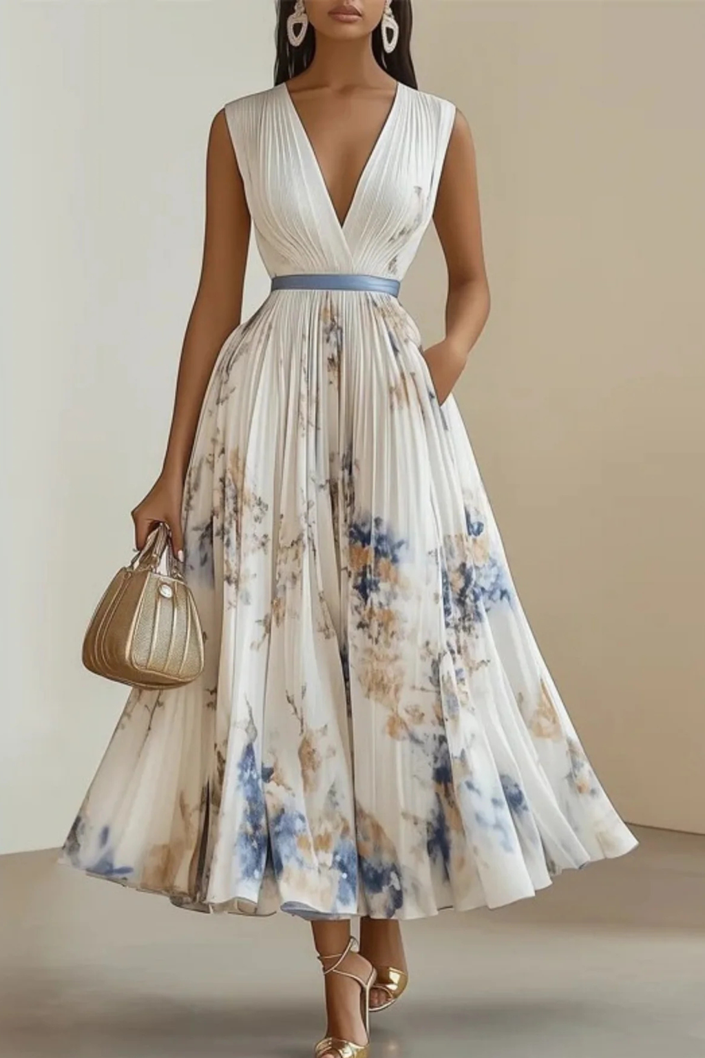 Sleeveless Pleated Flowy Summer Maxi Dress