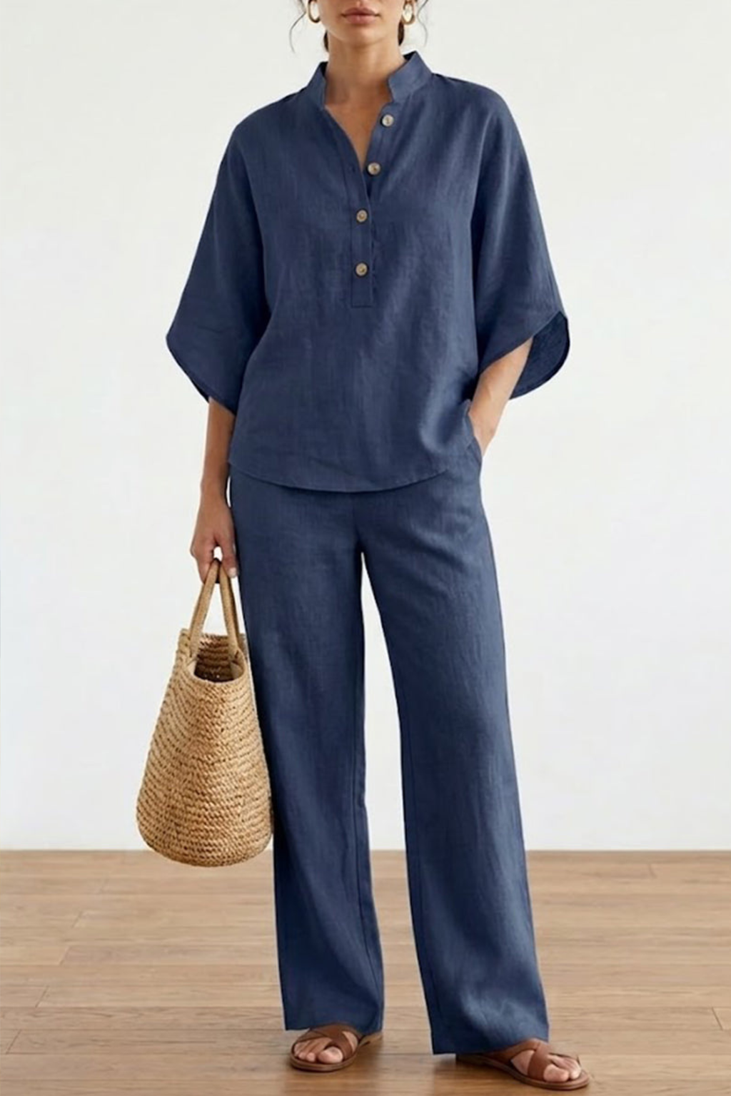 Casual Batwing Sleeve Linen Set