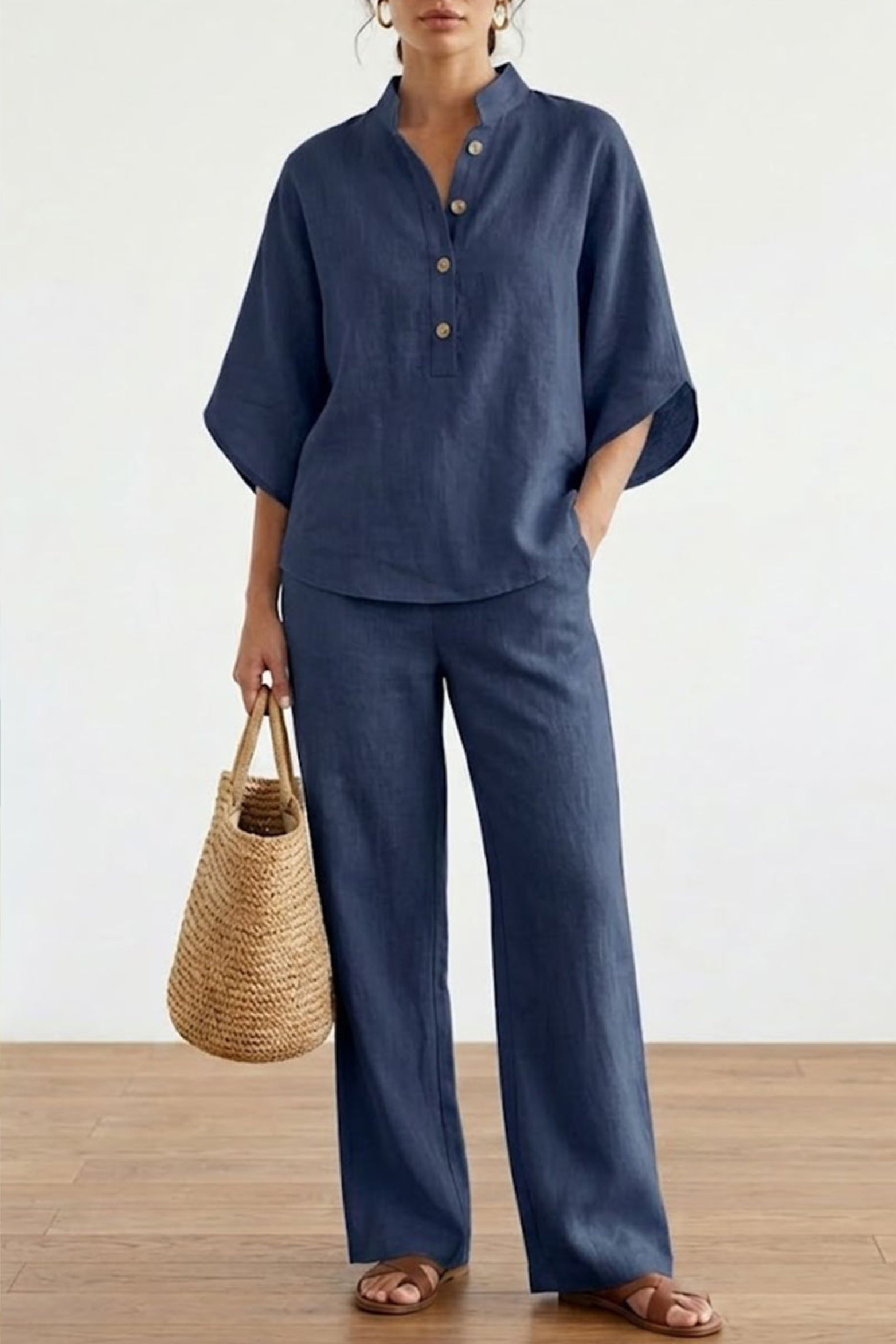 Casual Batwing Sleeve Linen Set