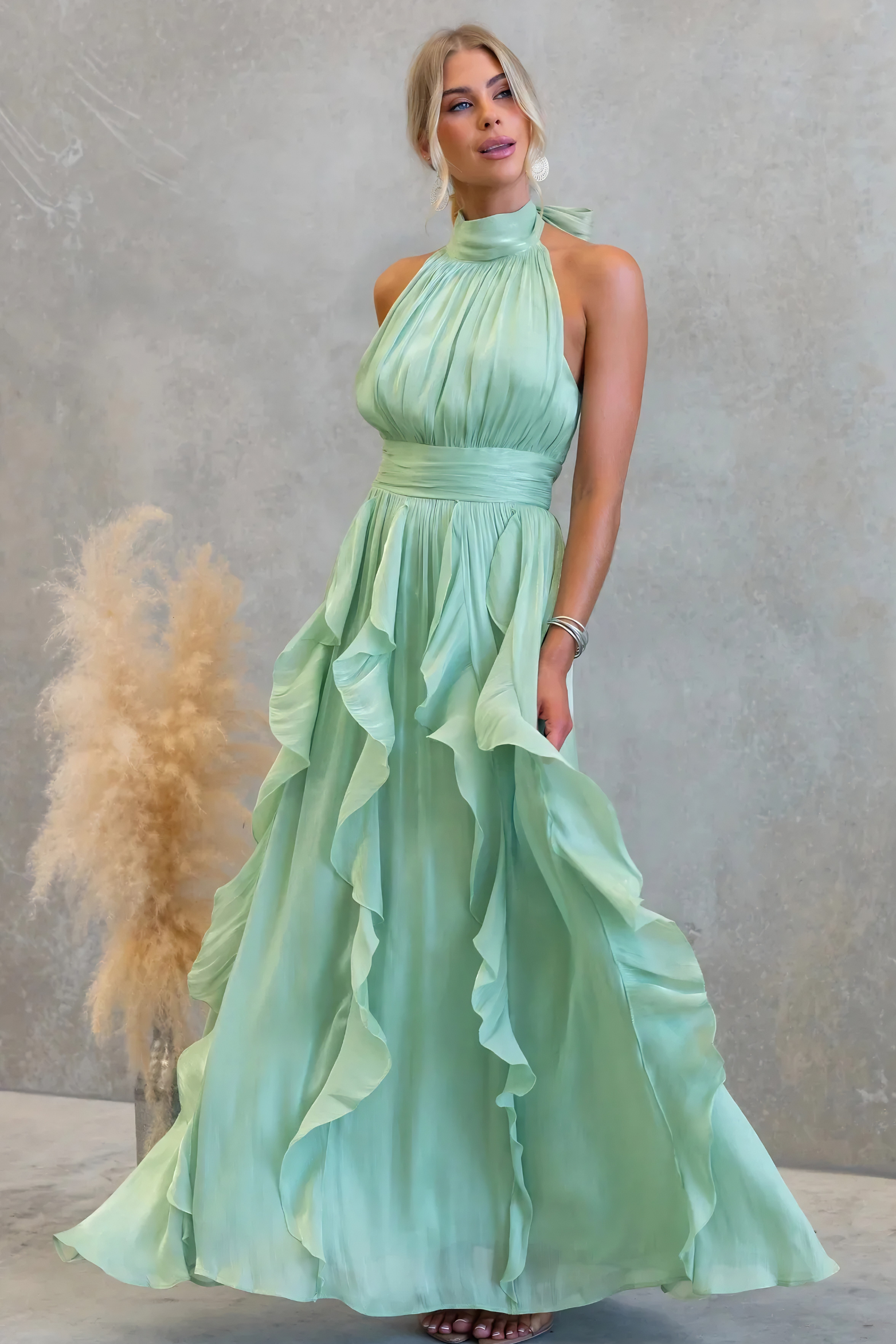 Coral Metallic Chiffon Ruffle Tie Neck Maxi Dress