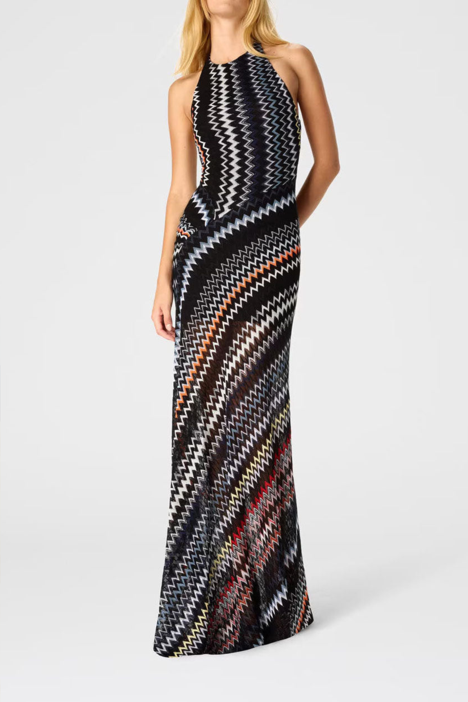 Herringbone Halter Maxi Dress with Statement Print