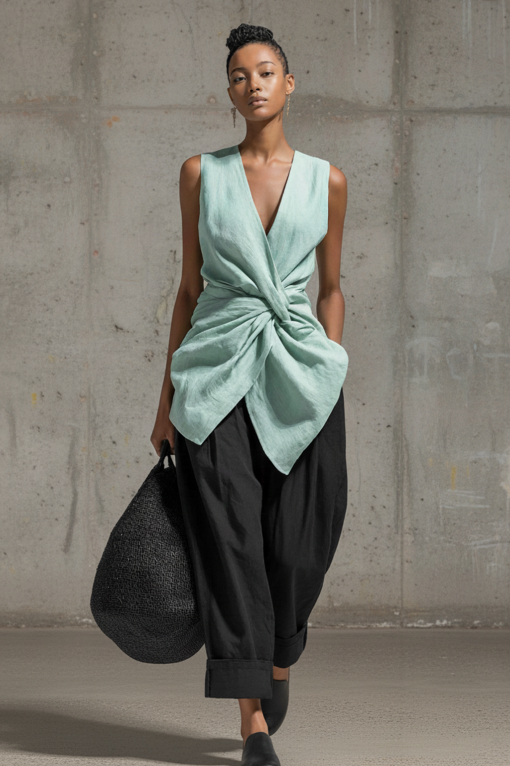 Linen Blend V Neck Knot Sleeveless Top