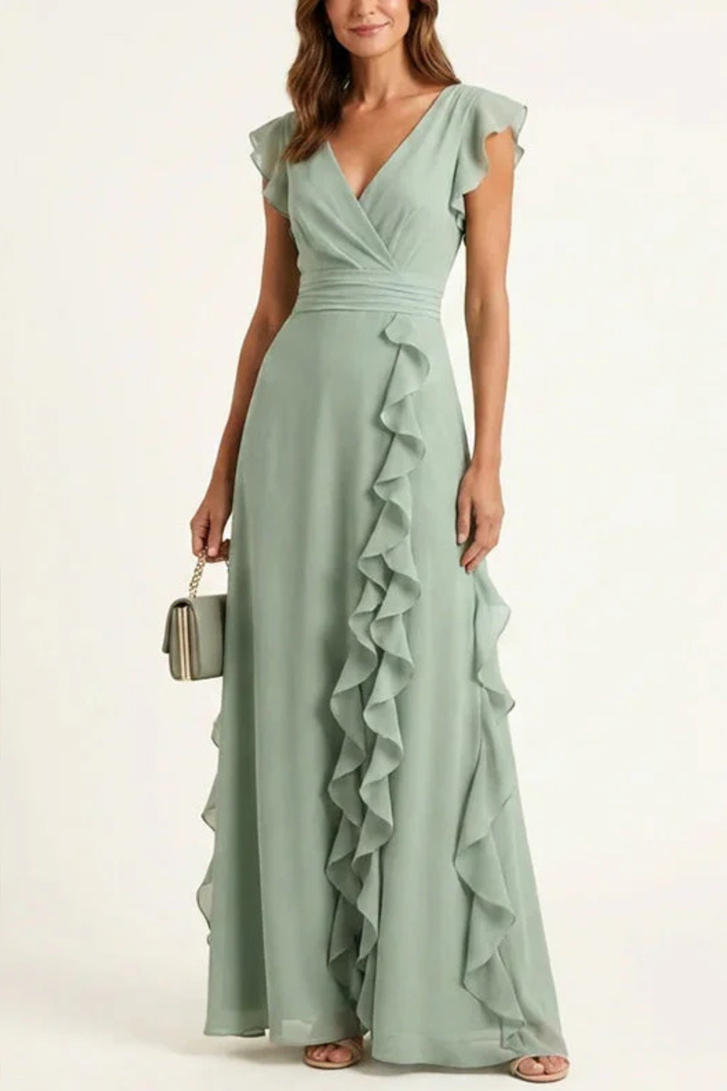 Flowy Ruffle Wrap V Neck Maxi Dress