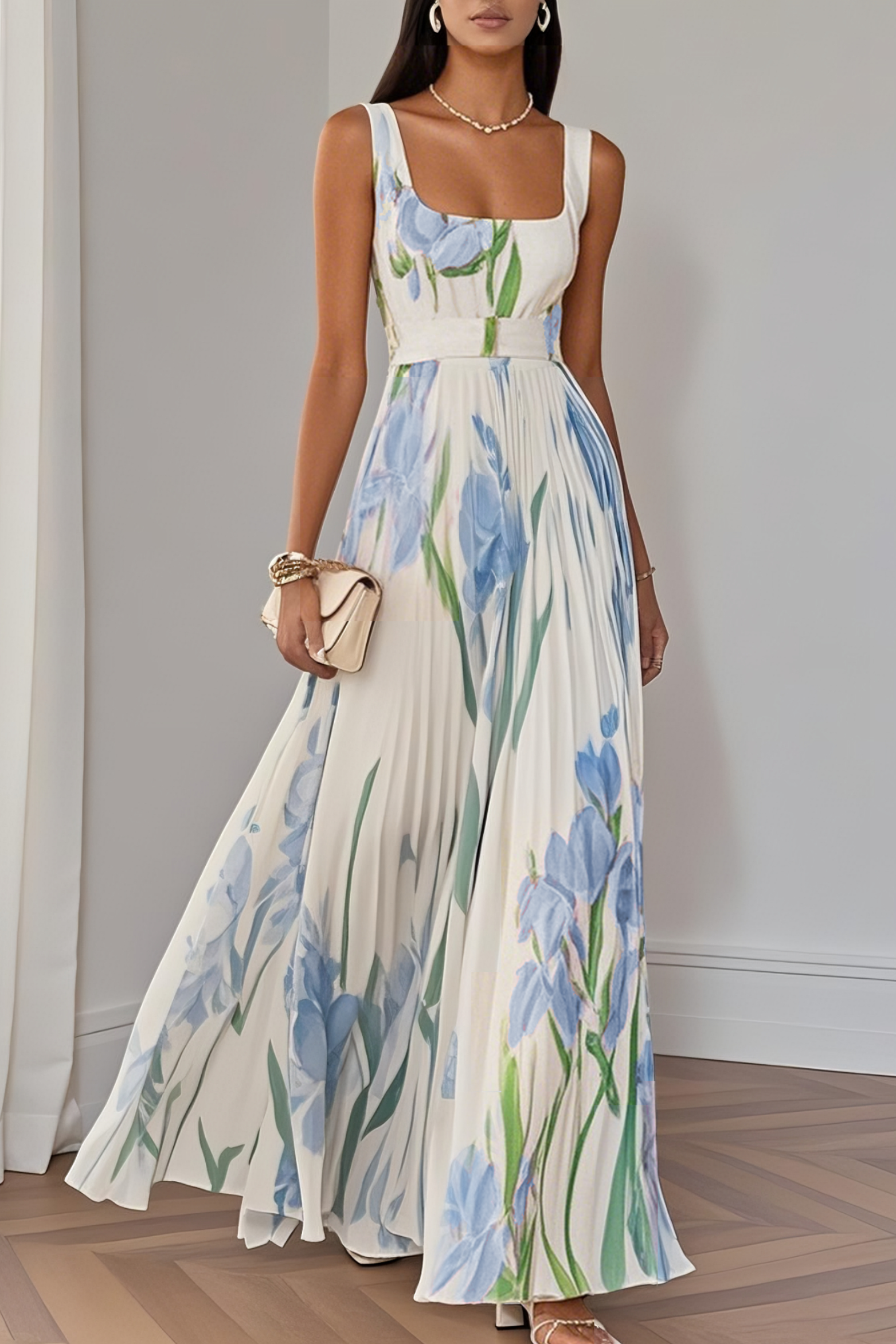 Floral Pleated Chiffon Square Neck Maxi Dress