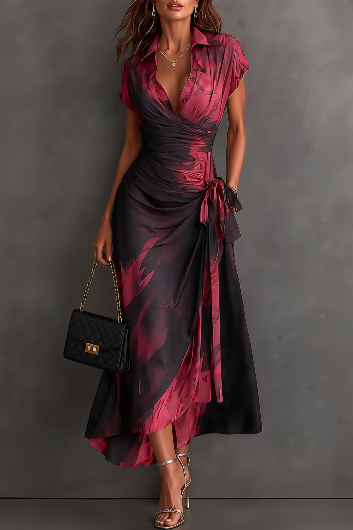 Abstract Print Wrap High Low Midi Dress