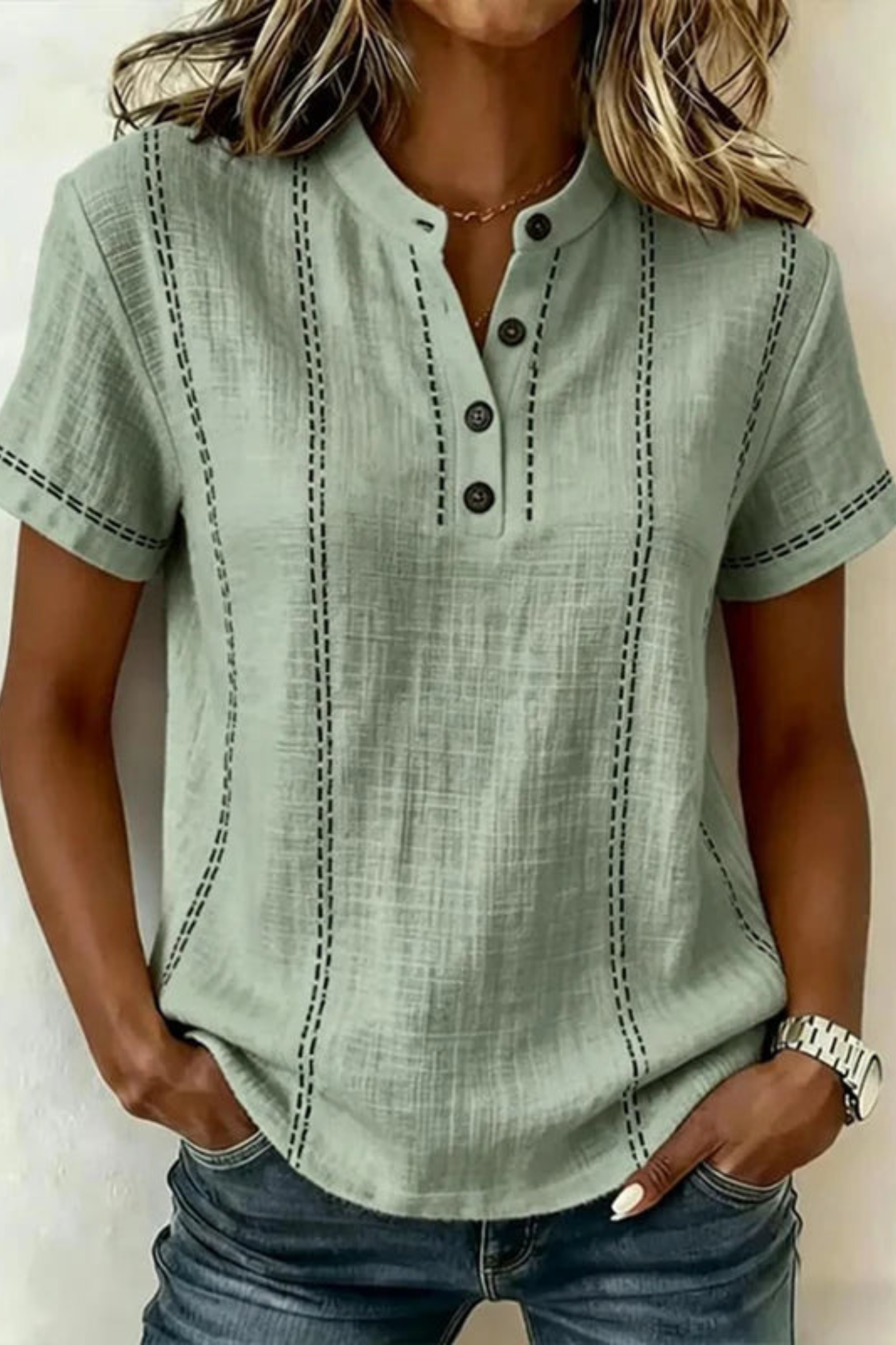 Textured V-Neck Button Blouse with Relaxed Short Sleeves