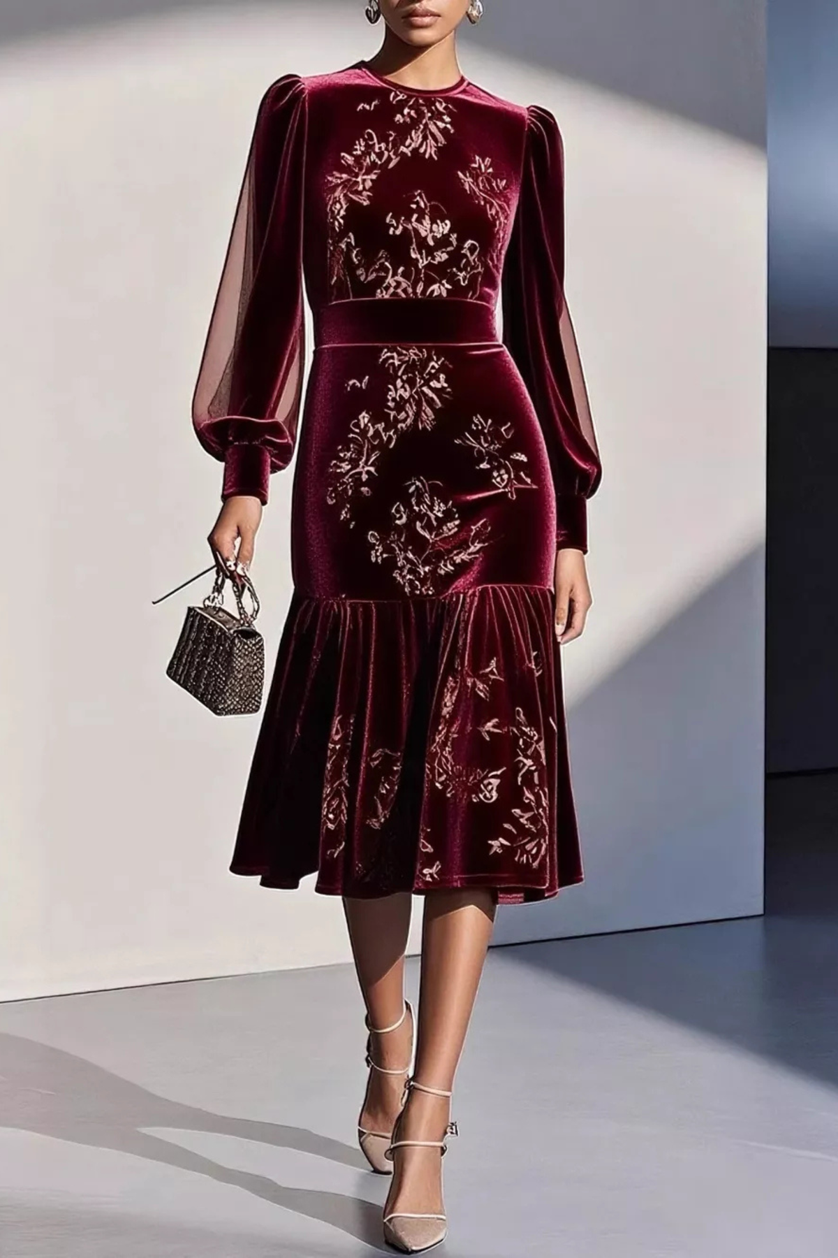 Floral Sheer Sleeve Midi Dress