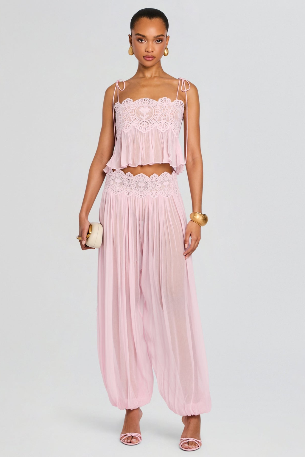 Blush Chiffon Two-Piece Set with Lace Trim Wide-Leg Pants