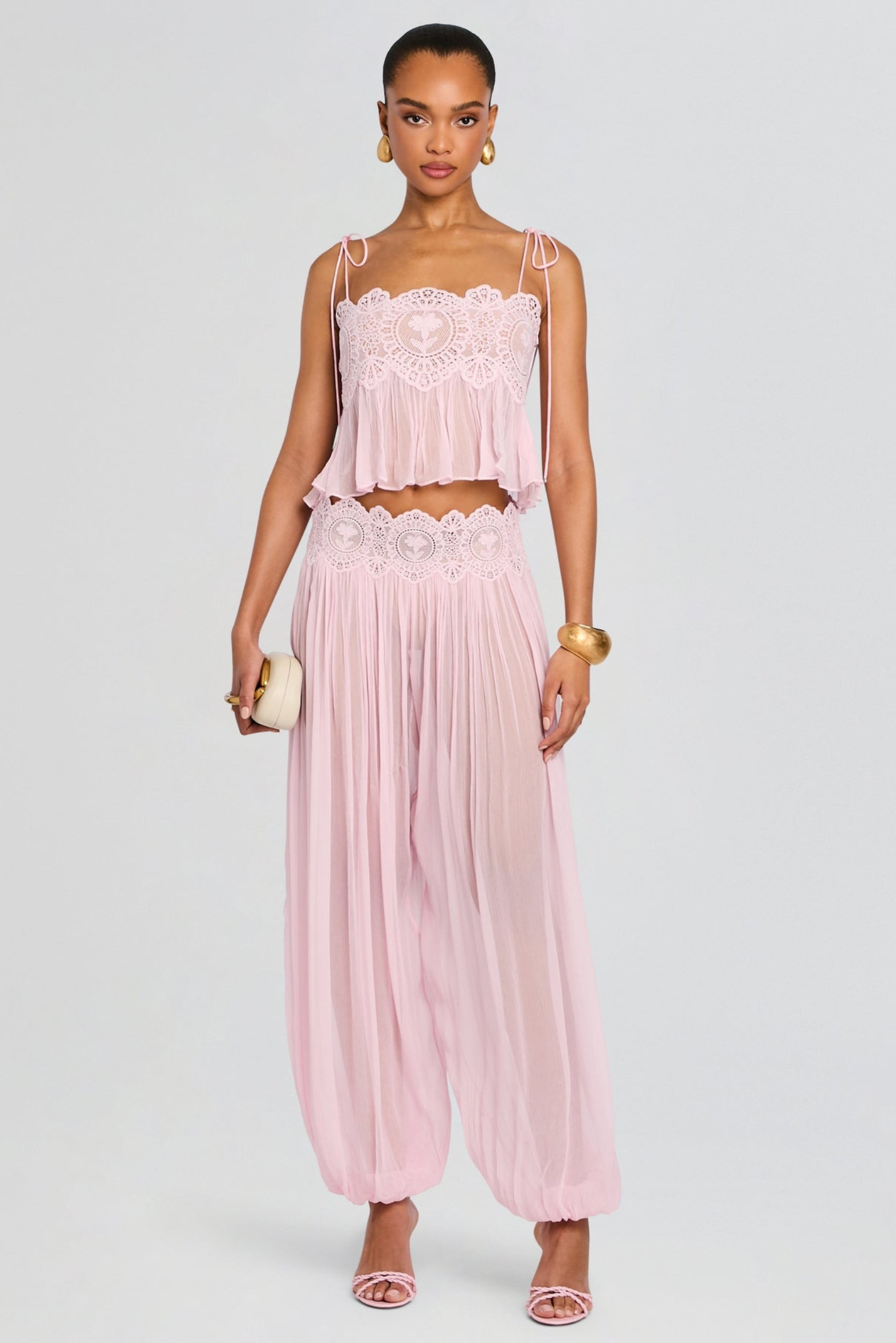 Blush Chiffon Two-Piece Set with Lace Trim Wide-Leg Pants