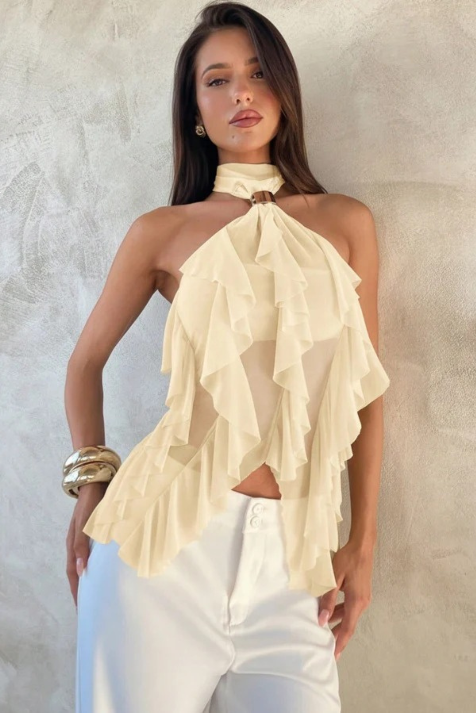 Layered Halter Party Top with Sheer Ruffle Detail