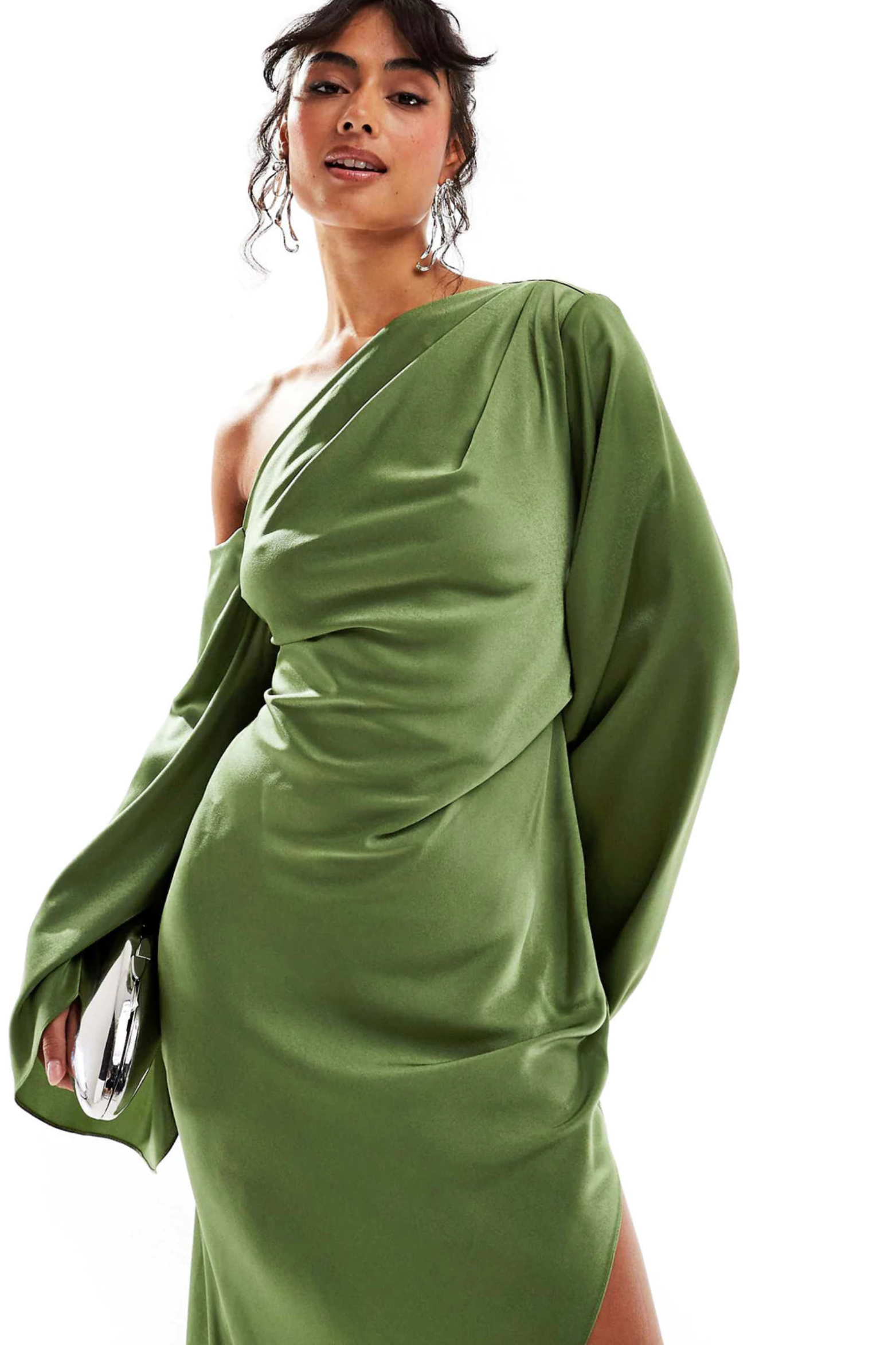 Green Asymmetrical Hem Satin Maxi Dress