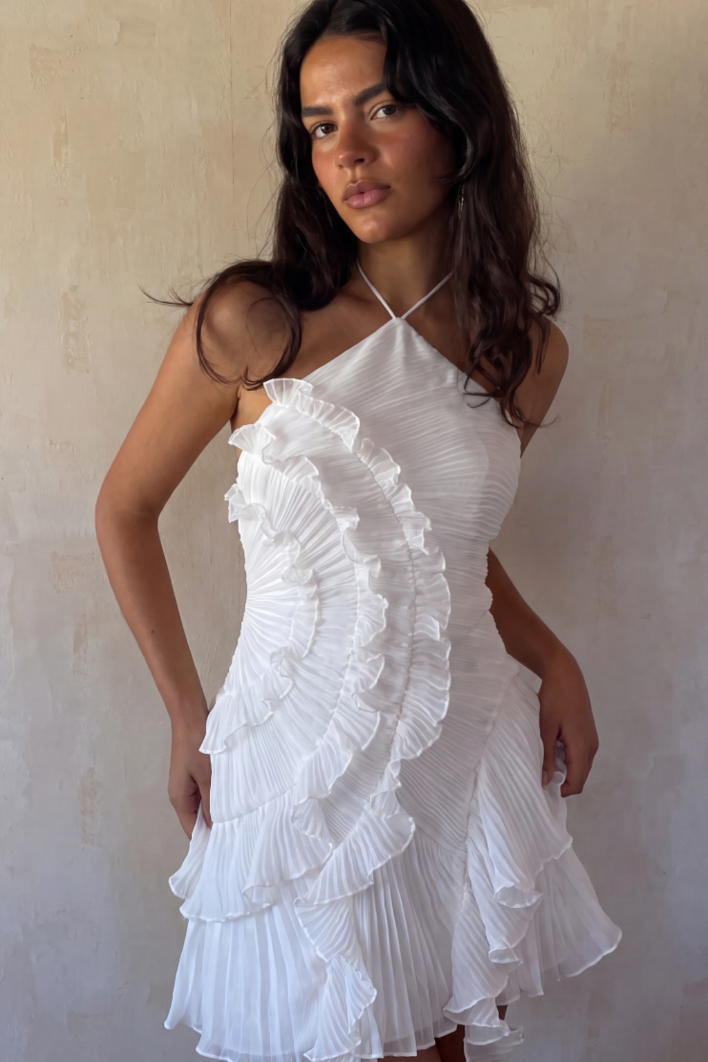 Halter Ruffle Pleated Maxi Dress for Special Occasions