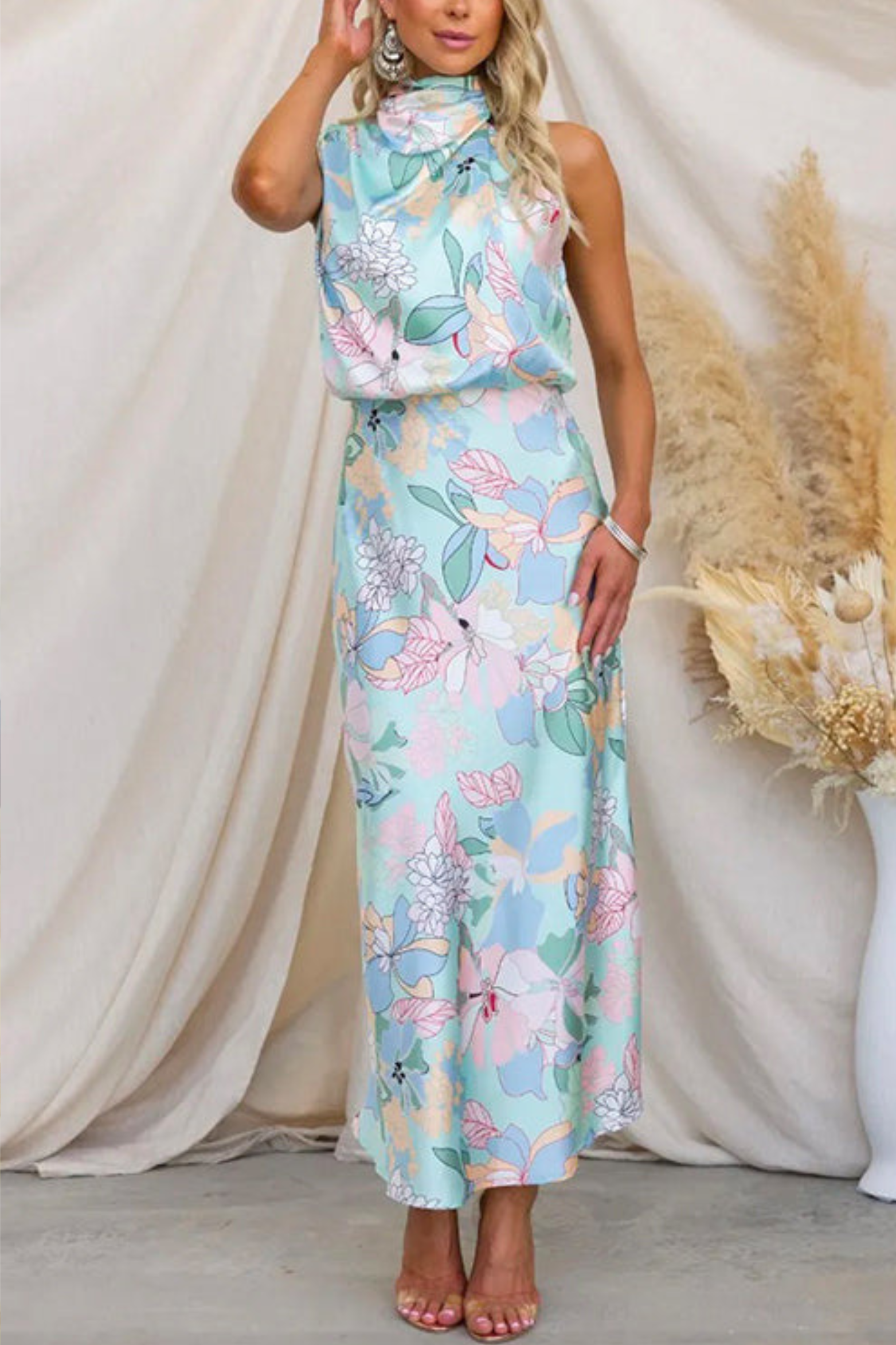 Floral Satin Maxi Dress with Tie Neck and Waisted Fit