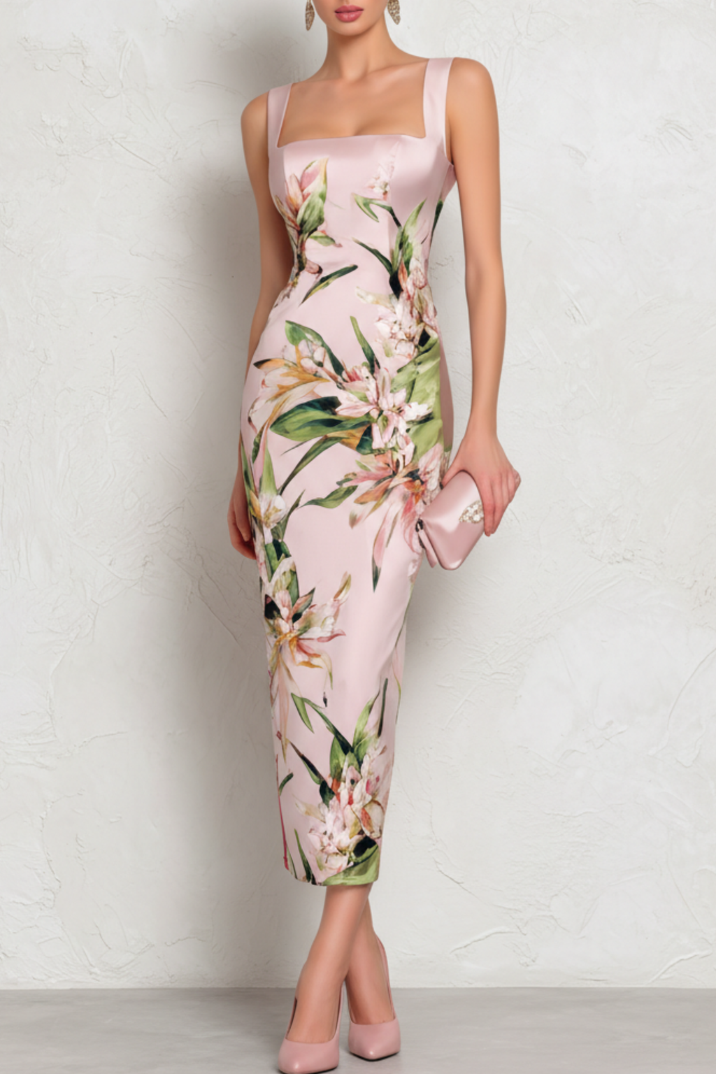 Square Neck Satin Sheath Midi Dress