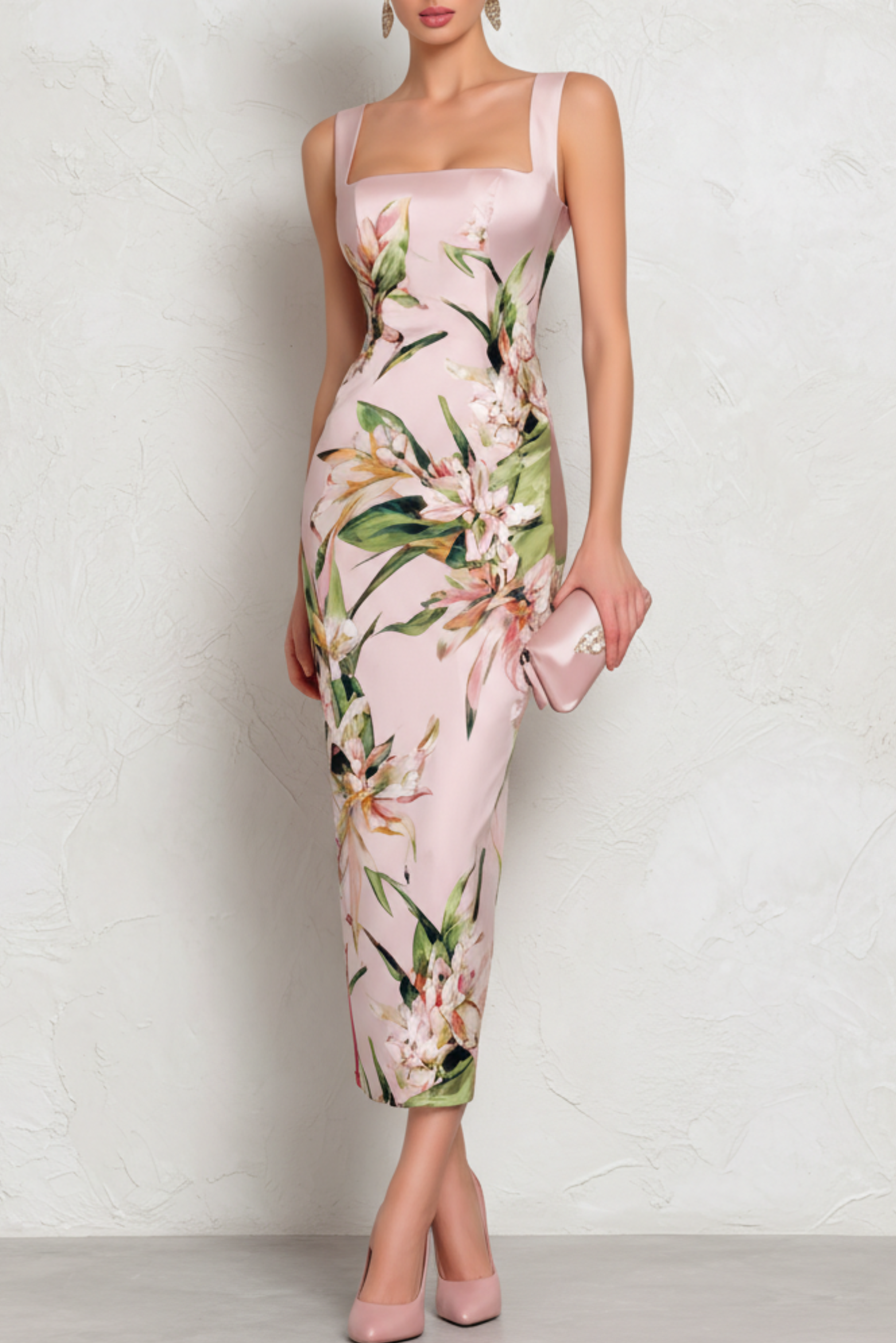 Square Neck Satin Sheath Midi Dress