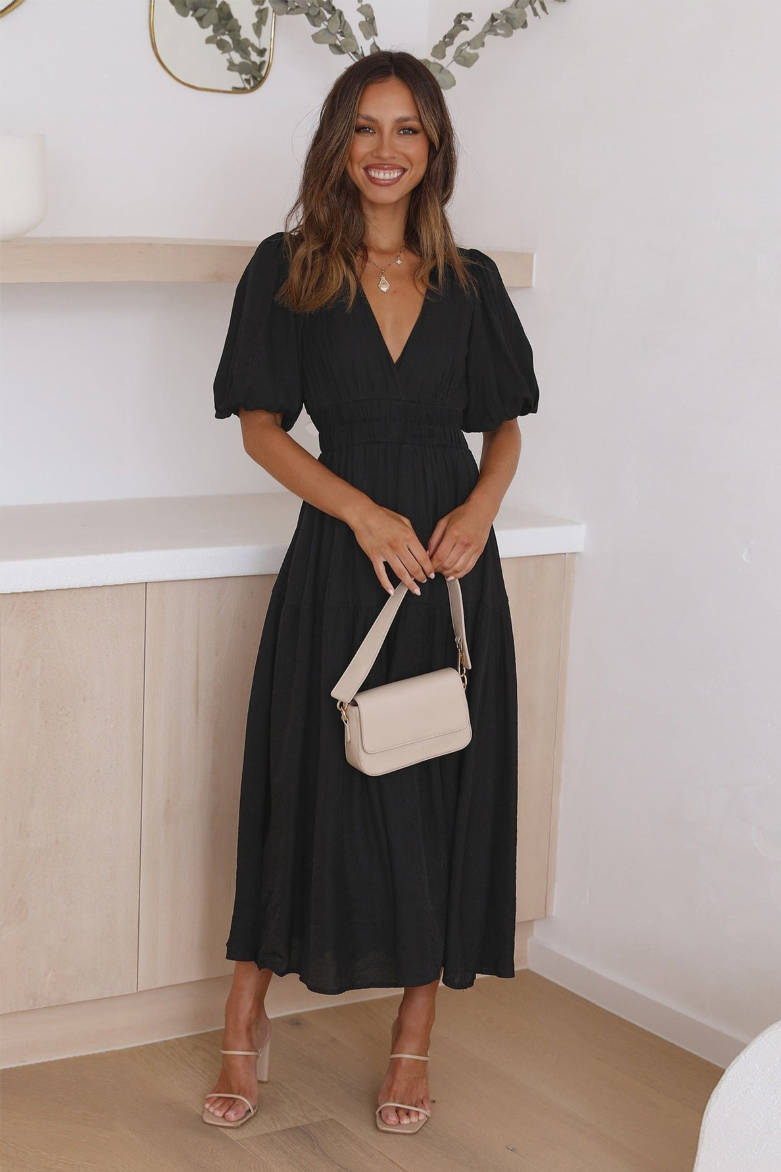 Puff Sleeve Smocked Waist V Neck Midi Dress