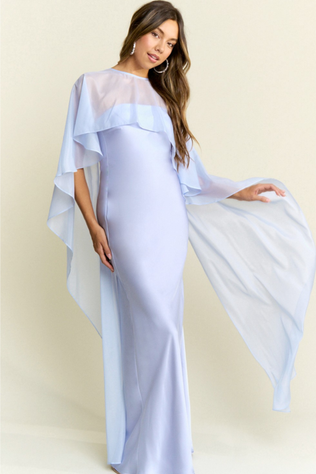 Silky Blue Maxi Dress with Cape Overlay