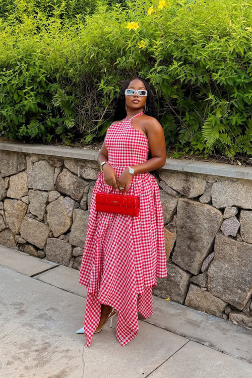 Asymmetric Gingham Midi Dress, Red / S