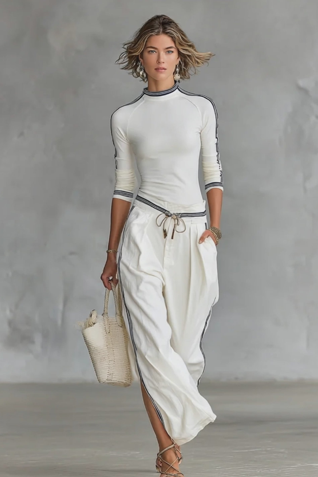 Half Neck Sports Wide Leg Two Piece Pants Set