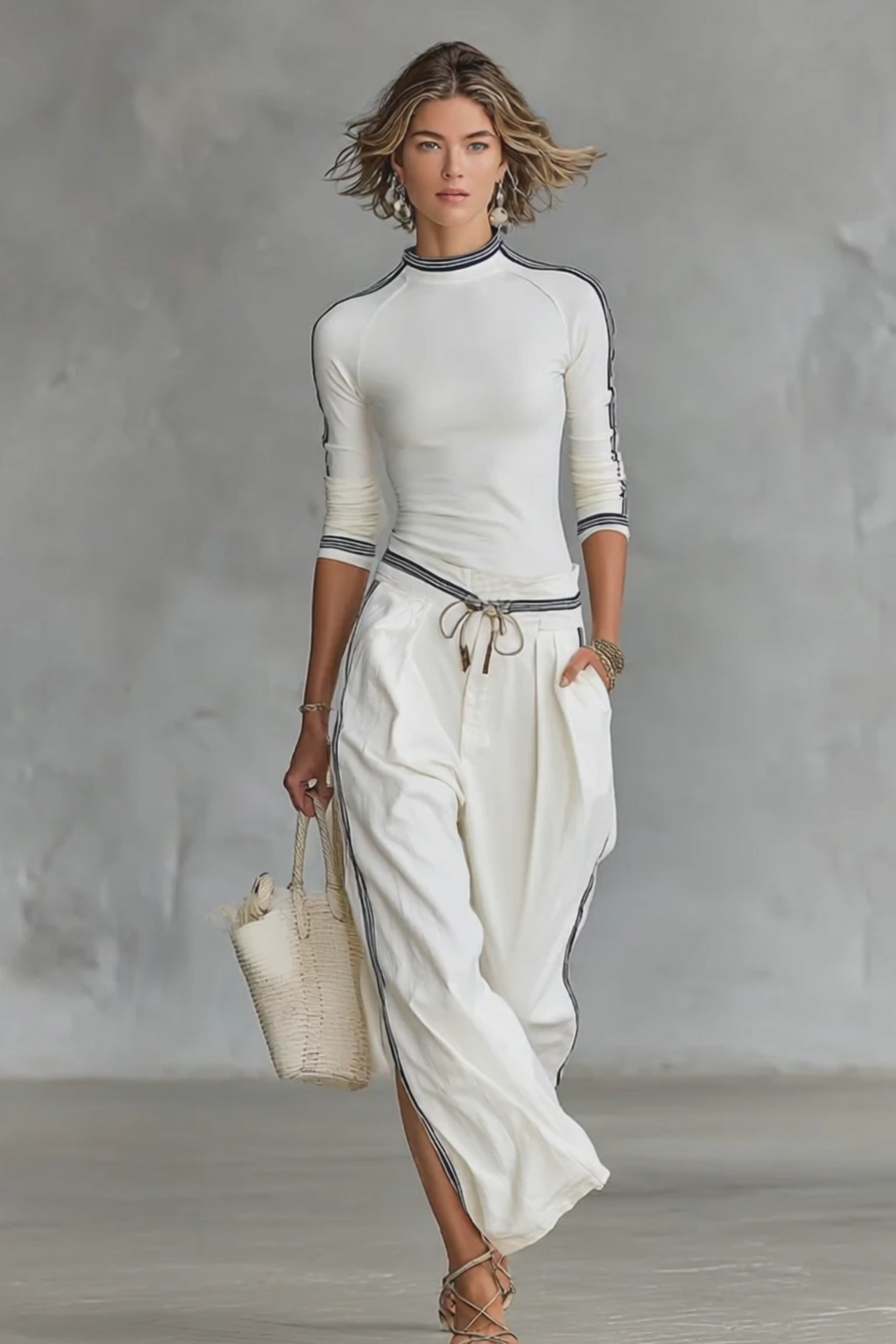 Half Neck Sports Wide Leg Two Piece Pants Set