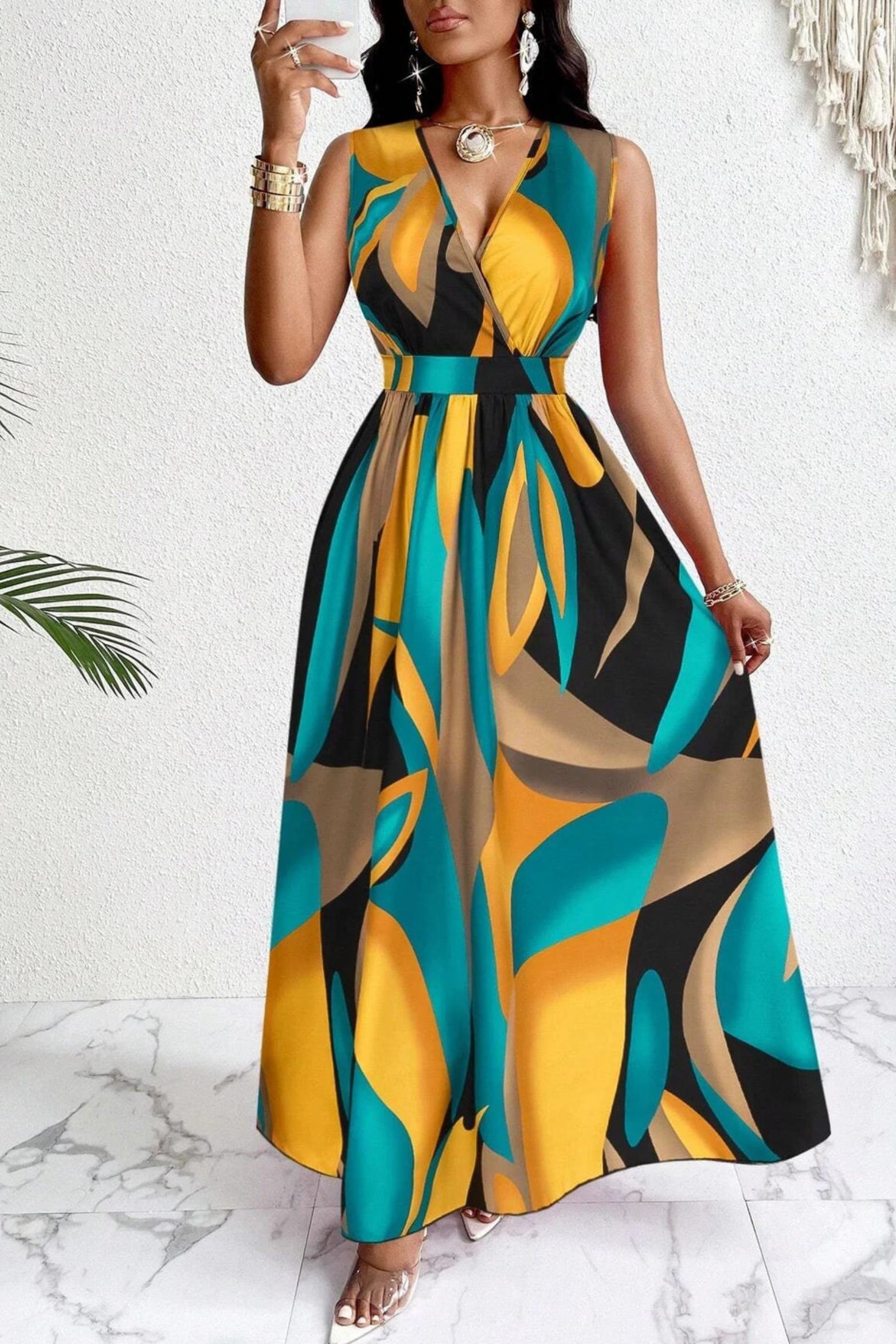 Abstract Print V Neck Sleeveless Maxi Dress