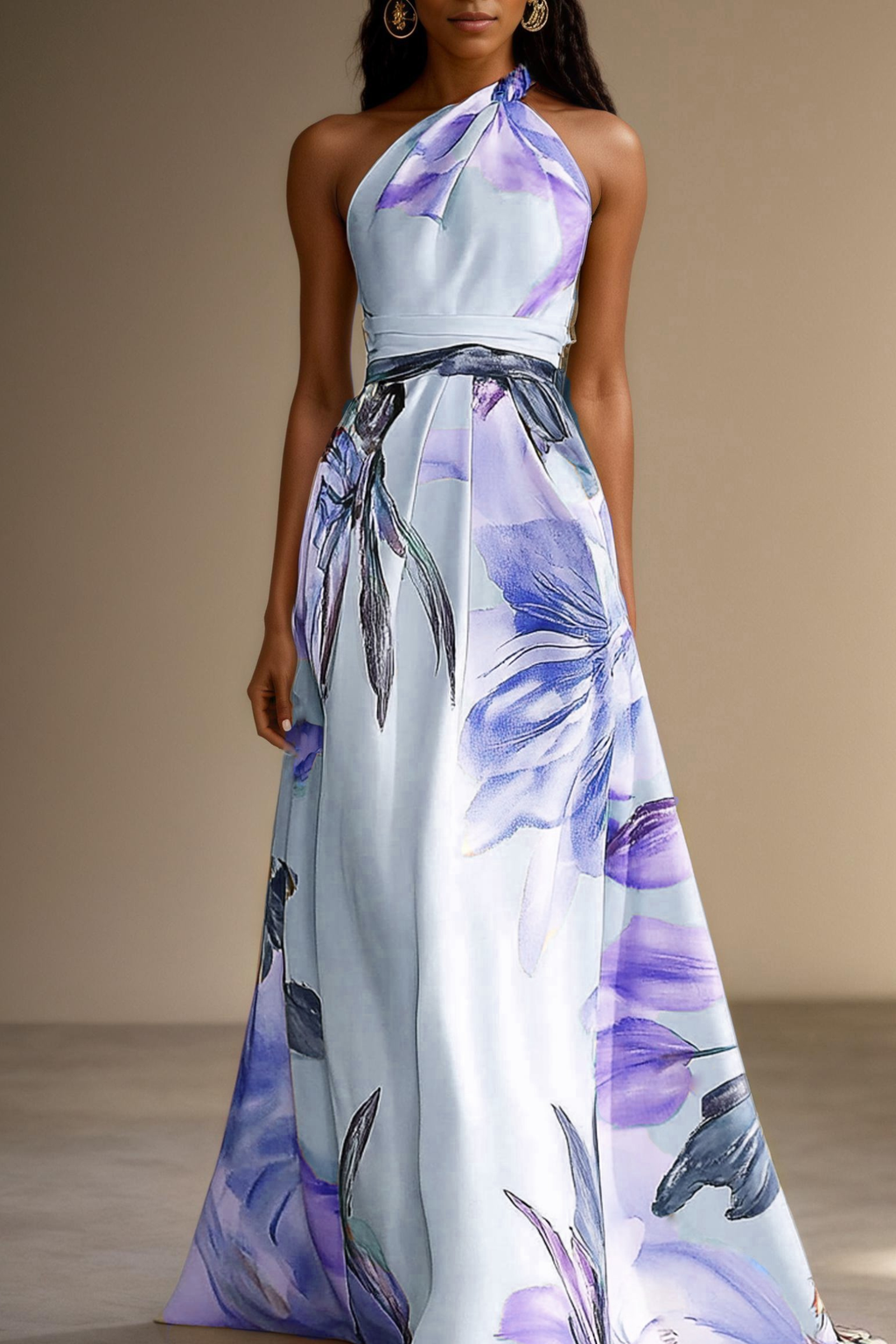 Pink Floral Satin One Shoulder Maxi Dress