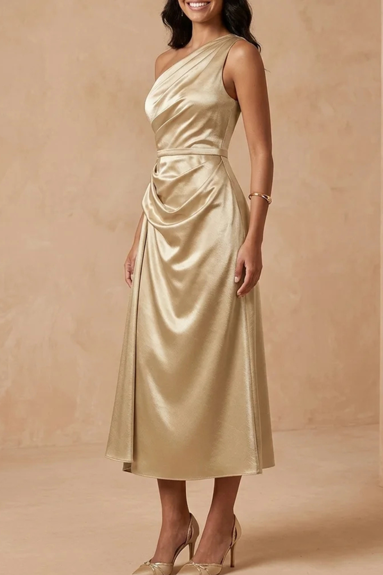 Draped One Shoulder A Line Midi Bridesmaid Dress