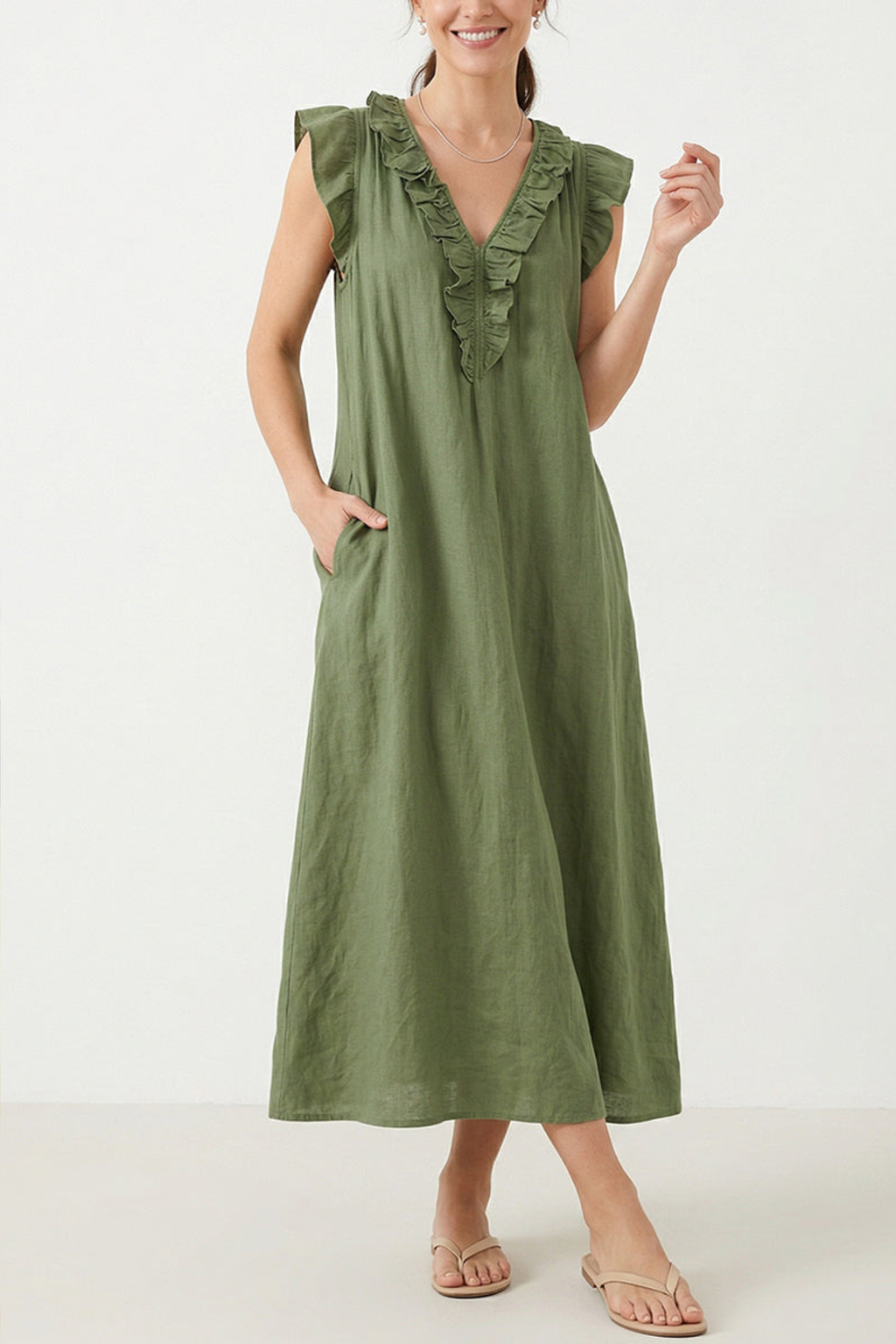 Ruffled Solid Color Cotton Linen Dress