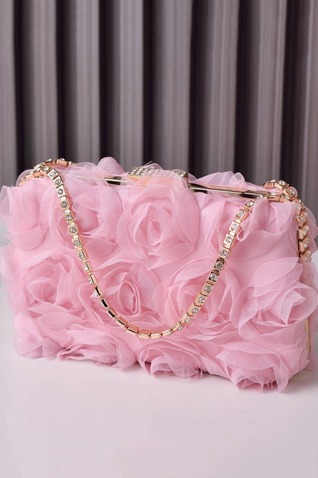 Floral Mesh Evening Clutch with Rhinestone Handle