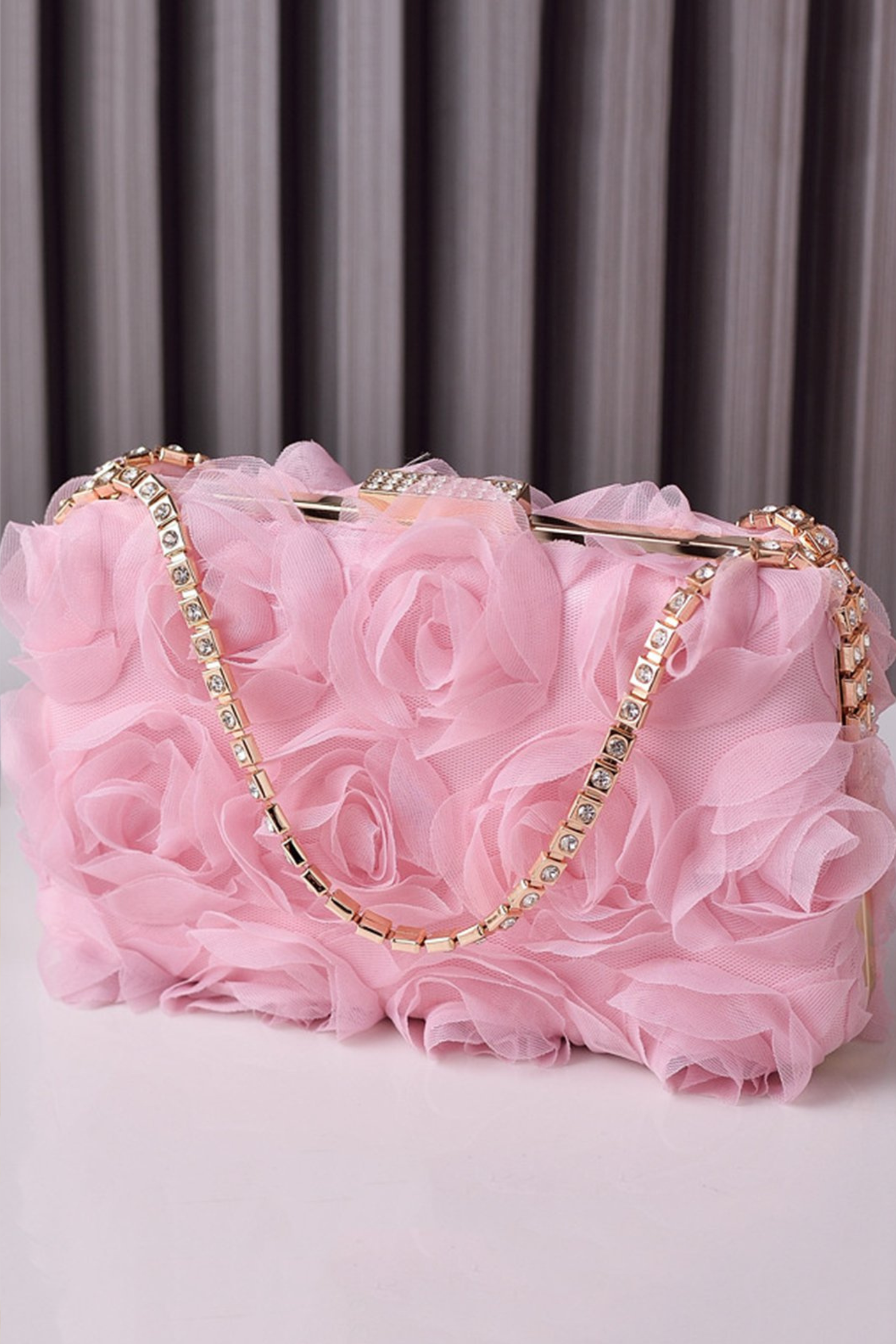 Floral Mesh Evening Clutch with Rhinestone Handle
