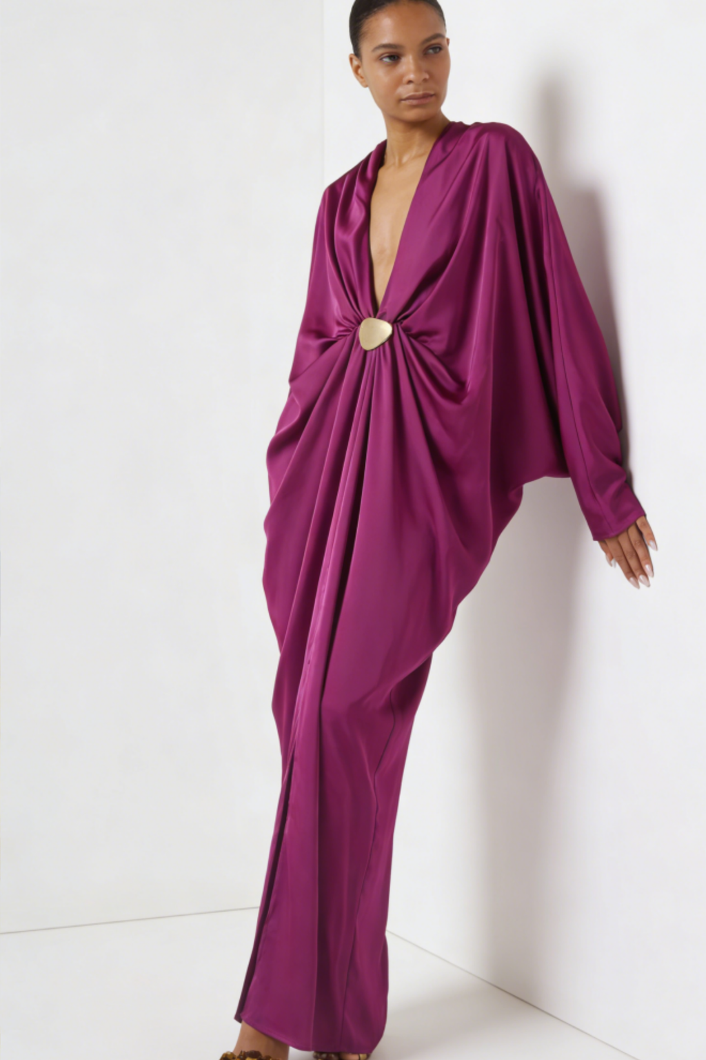 Luxe Magenta Satin Neck Maxi Dress
