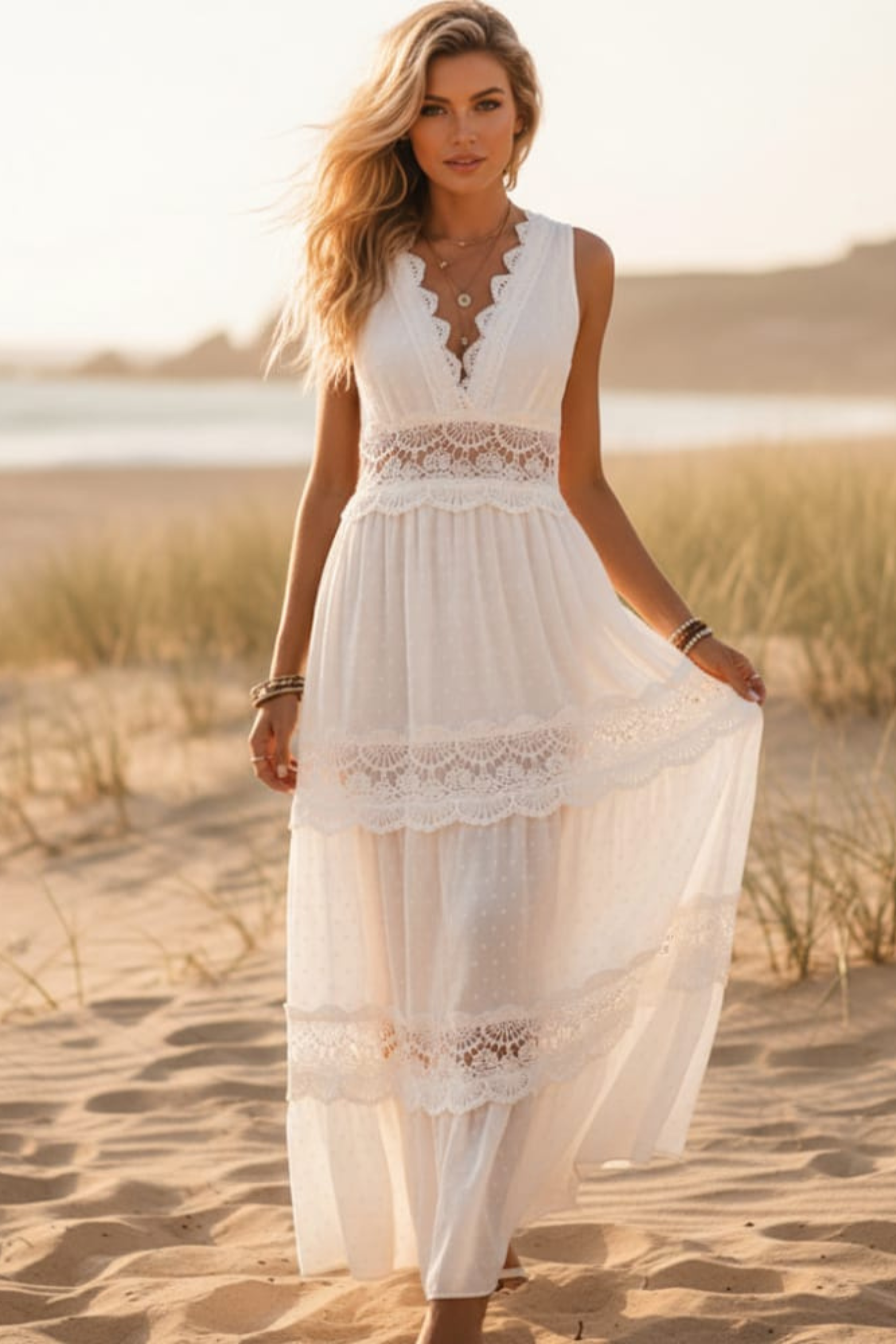 White Boho Lace Maxi Dress with V-Back A Line Occasion Style