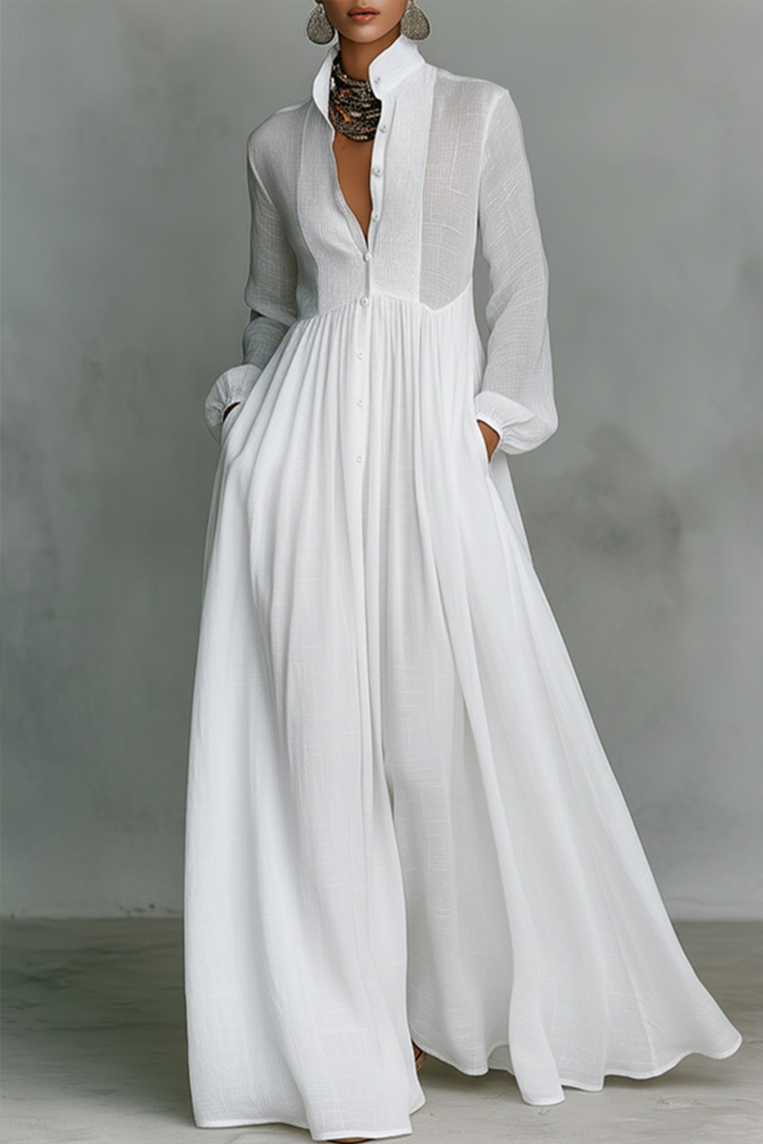 Relaxed Fit Linen Maxi Dress with Stand Collar Style