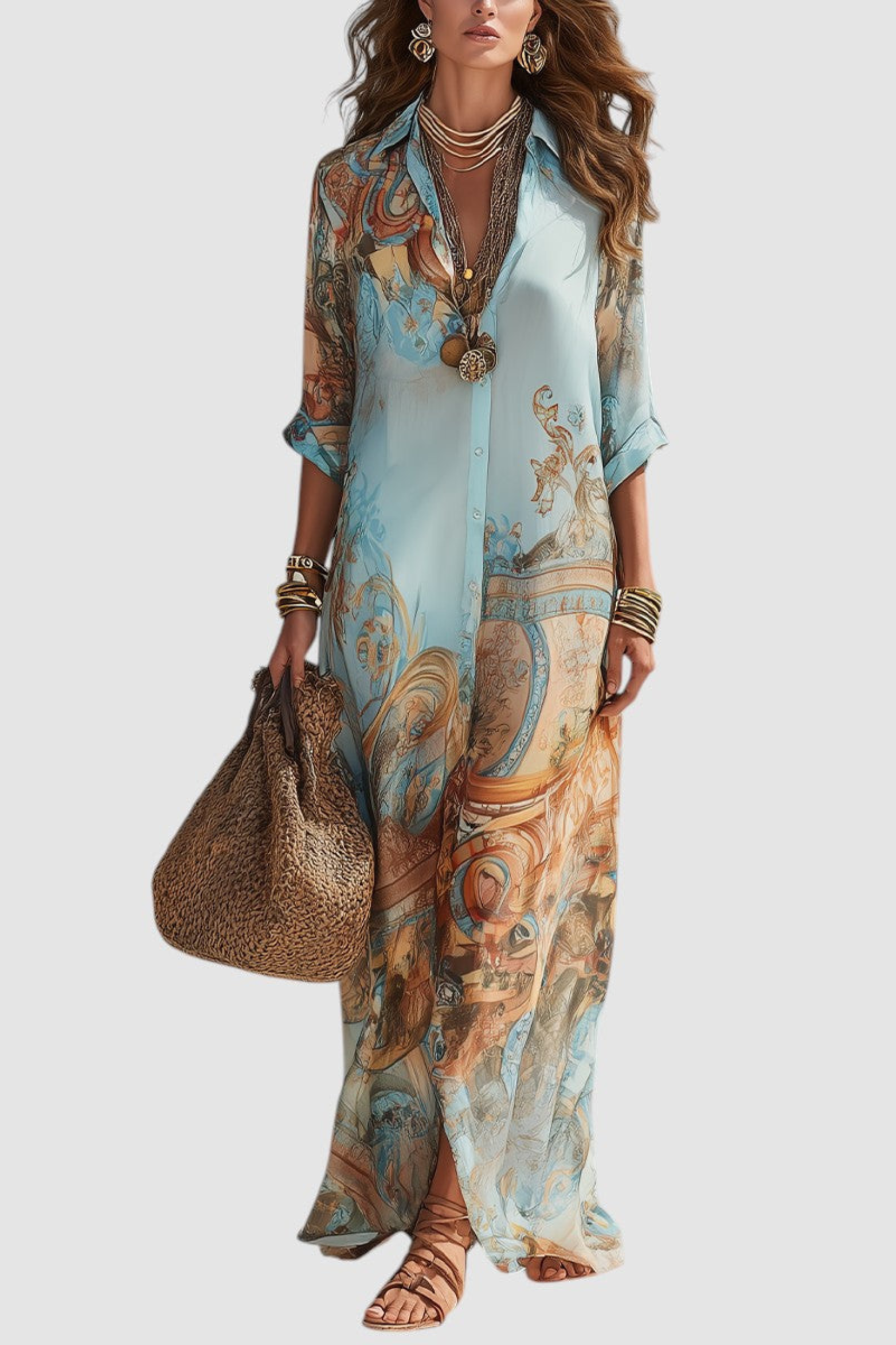 Vintage Art Print Button Front Shirt Dress